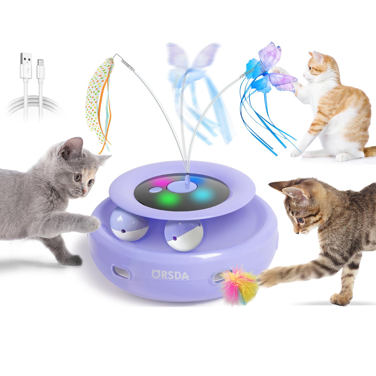 Orsda Cat Toy, 3-In-1 Automatic Interactive Electronic Moving Ambush Feather, Fluttering Butterfly, Track Balls, Usb Rechargeable Powered Smart Indoor Exercise Kicker