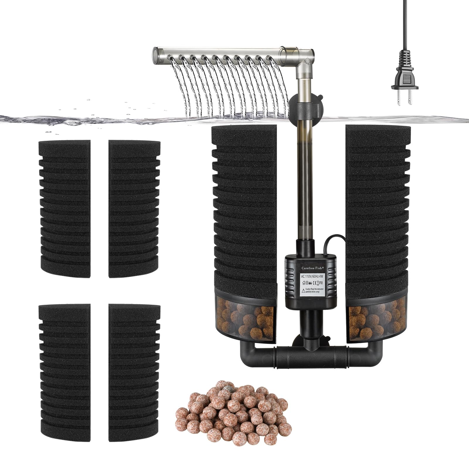 Carefree Fish Aquarium Filter with Water Pump 4 Sponges and 1 Bag of Filtered Ceramic Balls Fish Tank Quiet Filter for Salt Wate