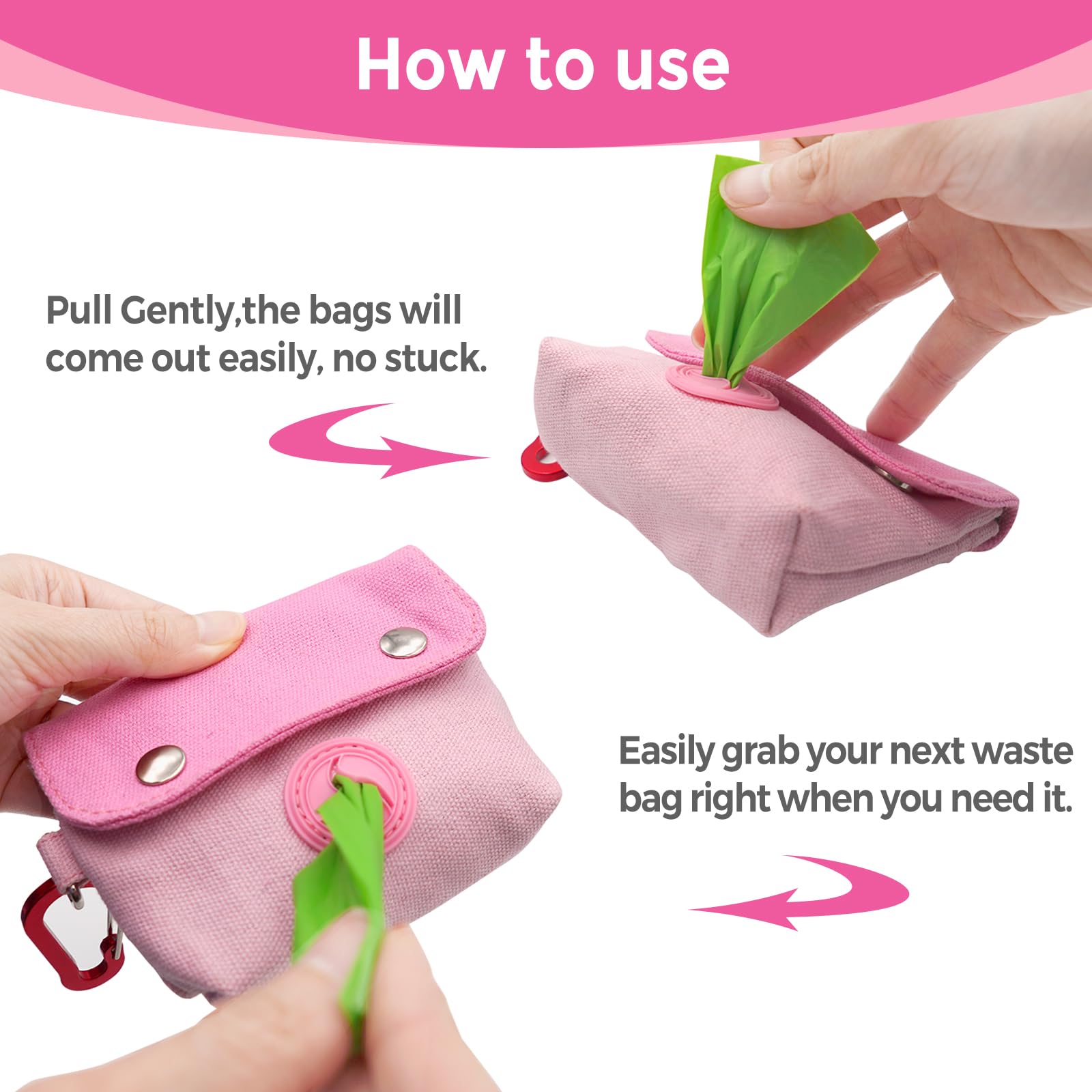 Lepawit Dog Poop Bag Holder, Portable Dog Poop Bag Dispenser With 1 Metal Clip, Pink Button Canvas Poop Pag Polders For Leashes