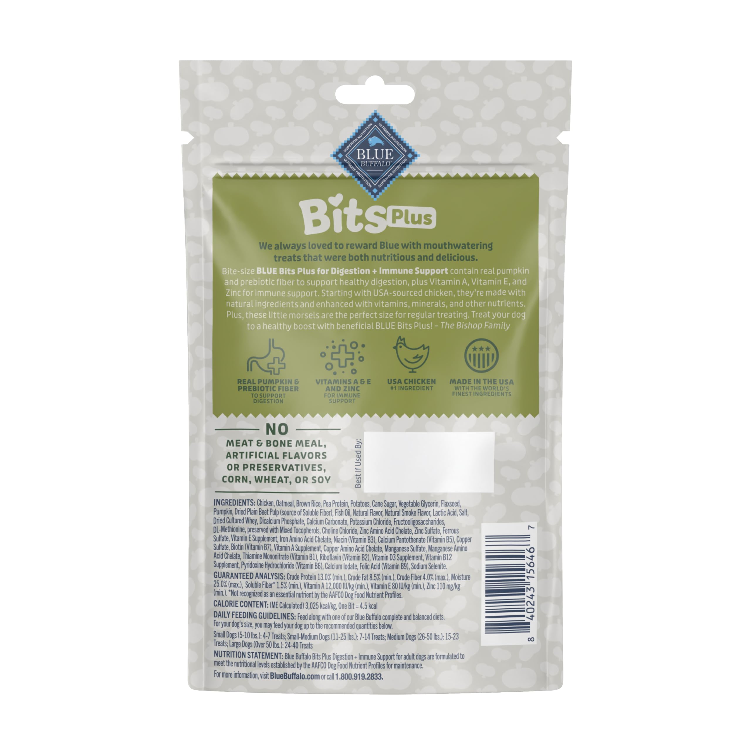 Blue Buffalo Blue Bits Plus Dog Treats, Soft & Chewy Chicken & Pumpkin, 3.5-oz. Bag, Digestion & Immune Support