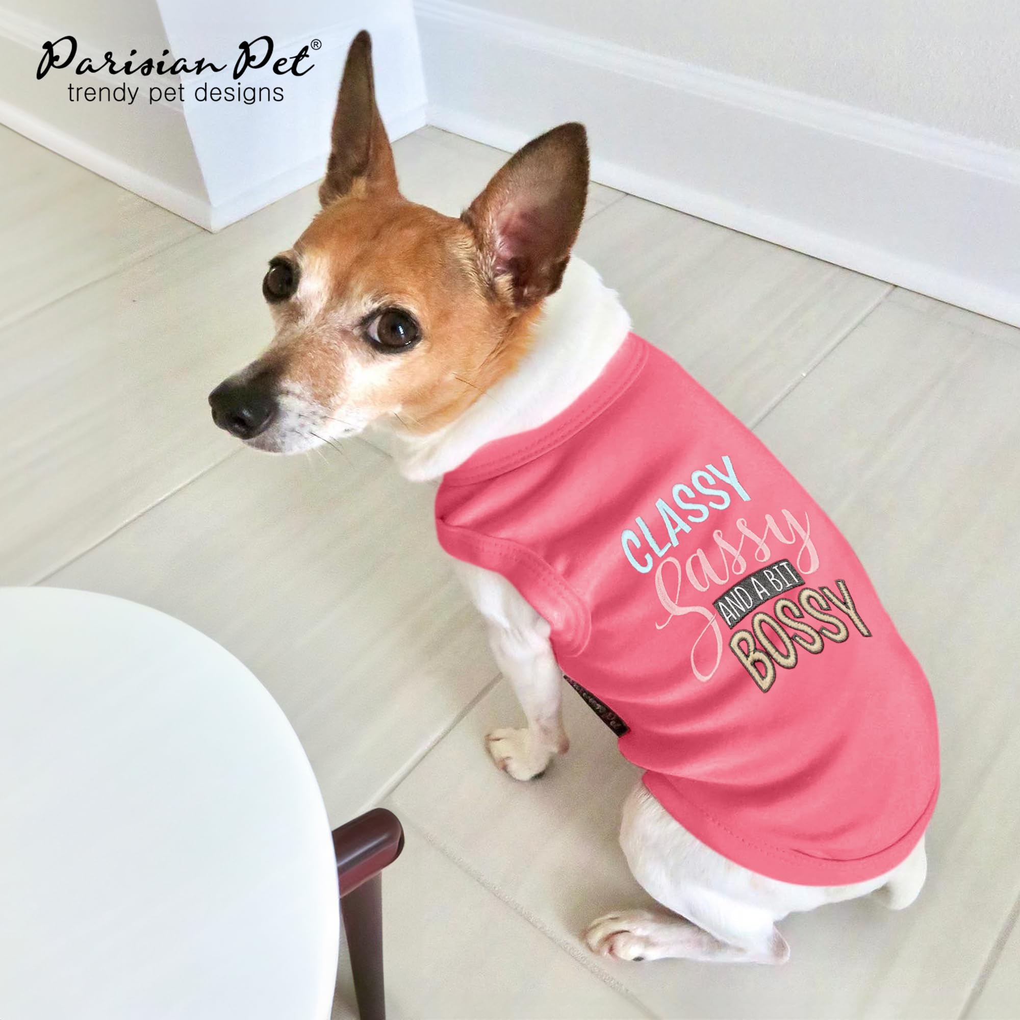 Parisian Pet Dog T-Shirt With Embroidered 'Classy, Sassy And Bit Bossy' Words - 100% Cotton, Pink Dog Clothes - Cute Pet Vest - Machine Washable Dog Shirt For Large Dogs, 2Xl