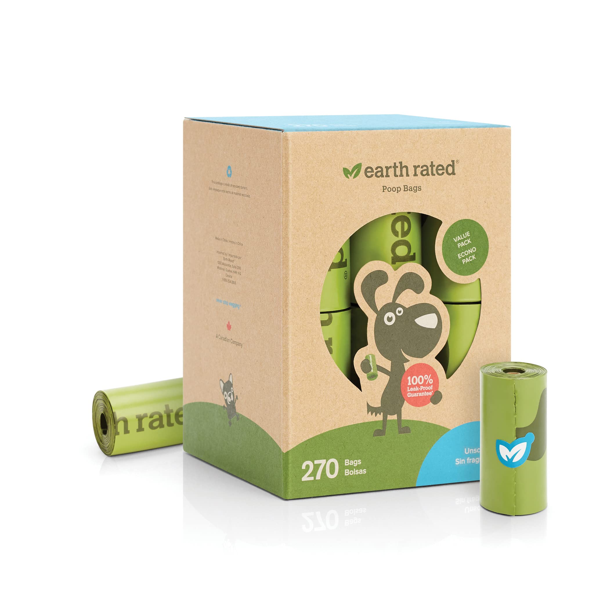 Earth Rated Poop Bags For Dogs, Guaranteed Leak Proof And Extra Thick Waste Bag Refill Rolls, Unscented, 270 Count