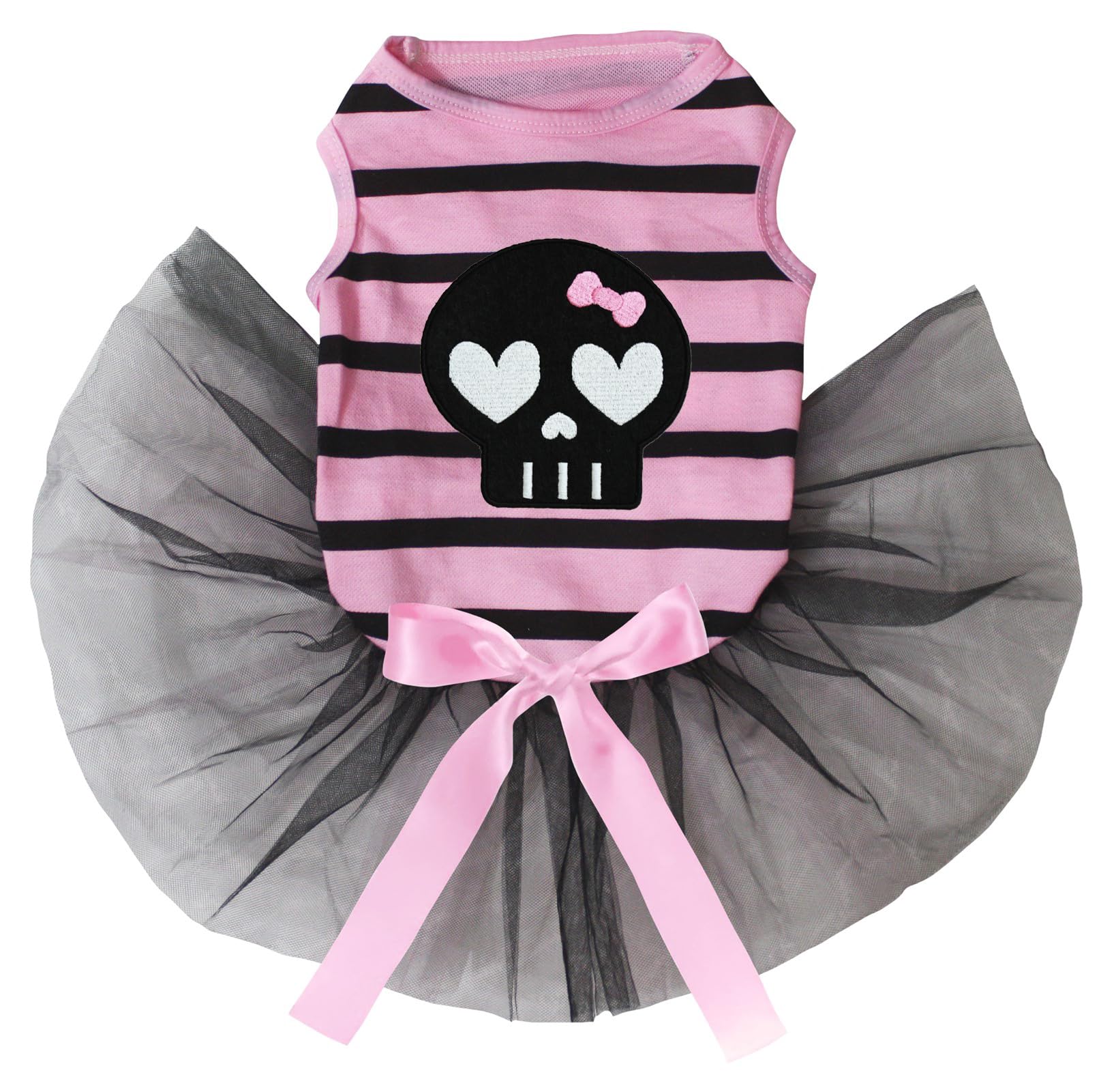 Petitebella Black Skull Face Puppy Dog Dress (Pink Stripes/Black, X-Large)