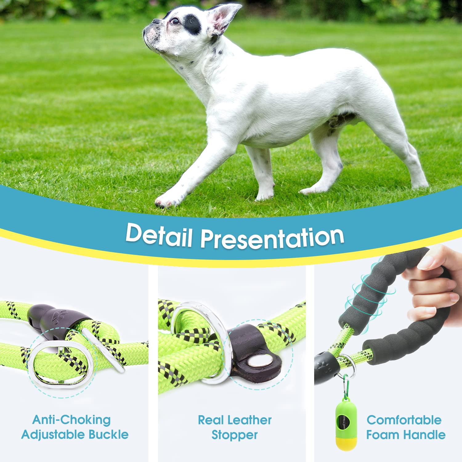 Baapet 6 Feet Slip Lead Dog Leash Anti-Choking With Upgraded Durable Rope Cover And Comfortable Padded Handle For Large, Medium, Small Dogs Trainning With Poop Bags And Dispenser (Green)