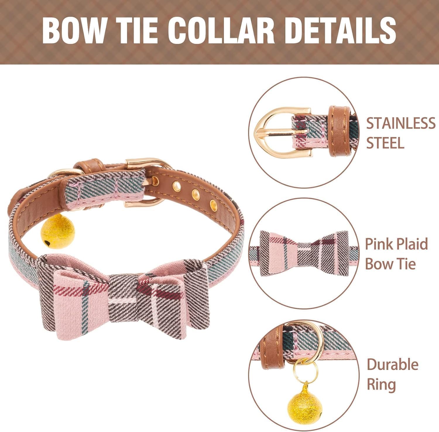 Kooltail Dog Collar And Leash Set 3 Park, Adjustable Soft Leather Puppy Collar And Leash Tangle Free For Outdoor Walking, Dog Bandana Collar With Bow Tie & Bell For Small Medium Dogs Cats Pink Plaid