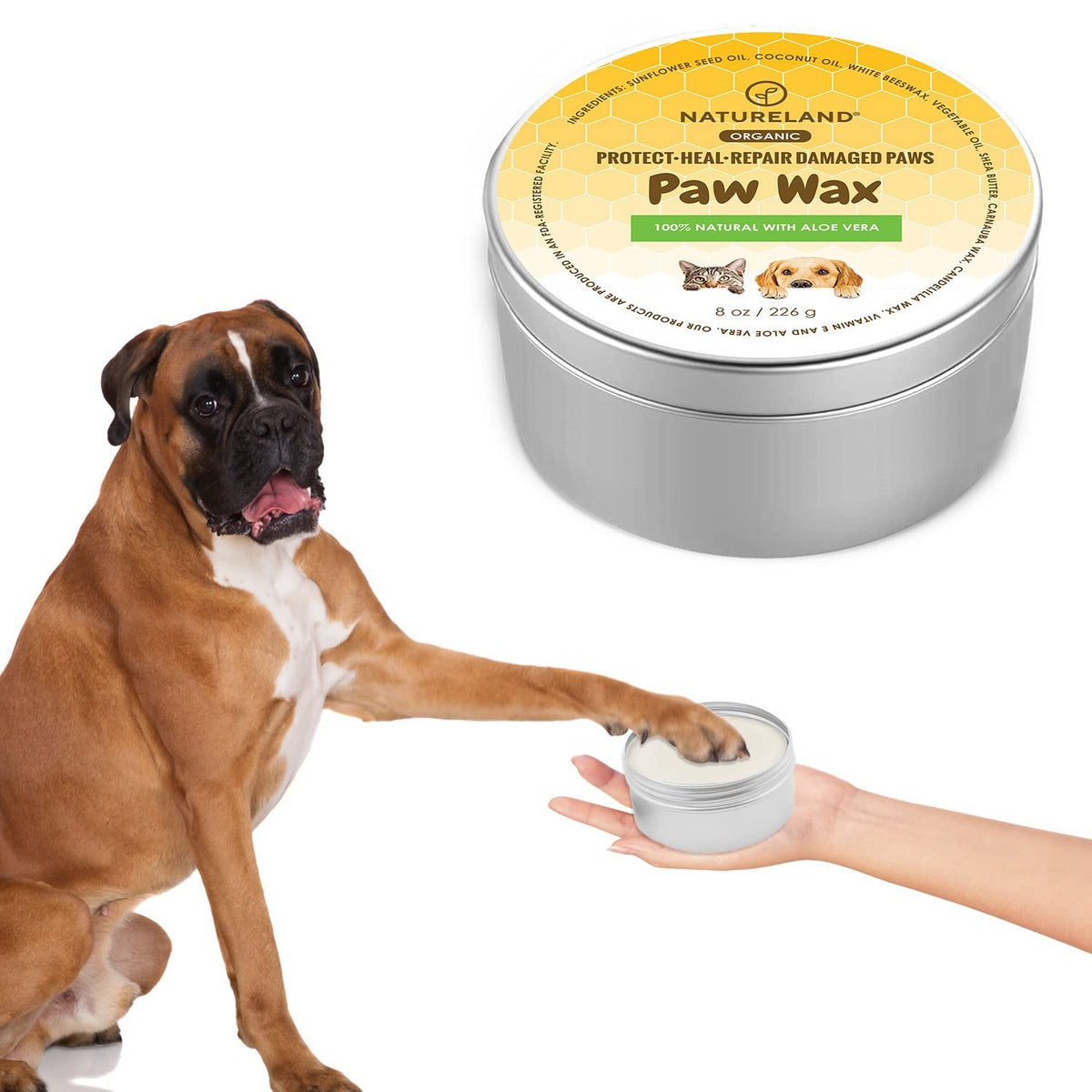 [8 Oz] Natureland Organic Paw Wax For Dogs And Cats, Jumbo Pack, Natural Outdoor Protection To Heal, Repair, And Protect Dry, Chapped, Or Rough Pads, Helps Protects Paws On Snow, Sand, Or Dirt