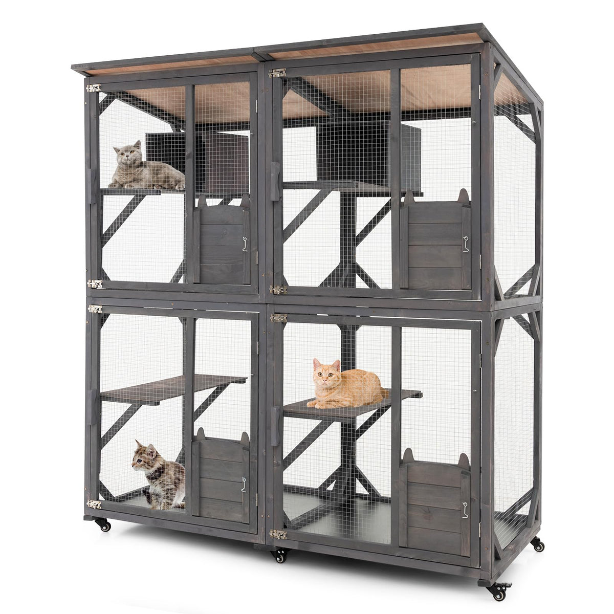 Tangkula Catio Outdoor Cat Enclosure Large, 71 Inch Outdoor Cat House Weatherproof With Asphalt Roof, Wooden Cat Cage Playpen With 7 Jumping Platforms & 2 Resting Boxes, Walk-In Cat Kennel Condo