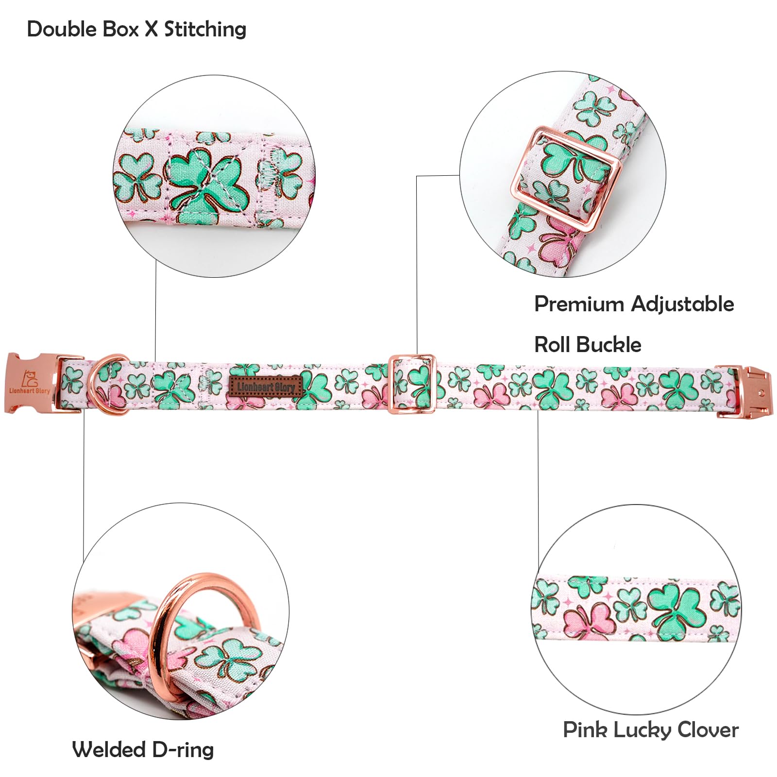 Lionheart Glory St. Patrick Dog Collar, Clover Pink Collars For Small Dogs Spring Female Dog Collar Adjustable Heavy-Duty Puppy