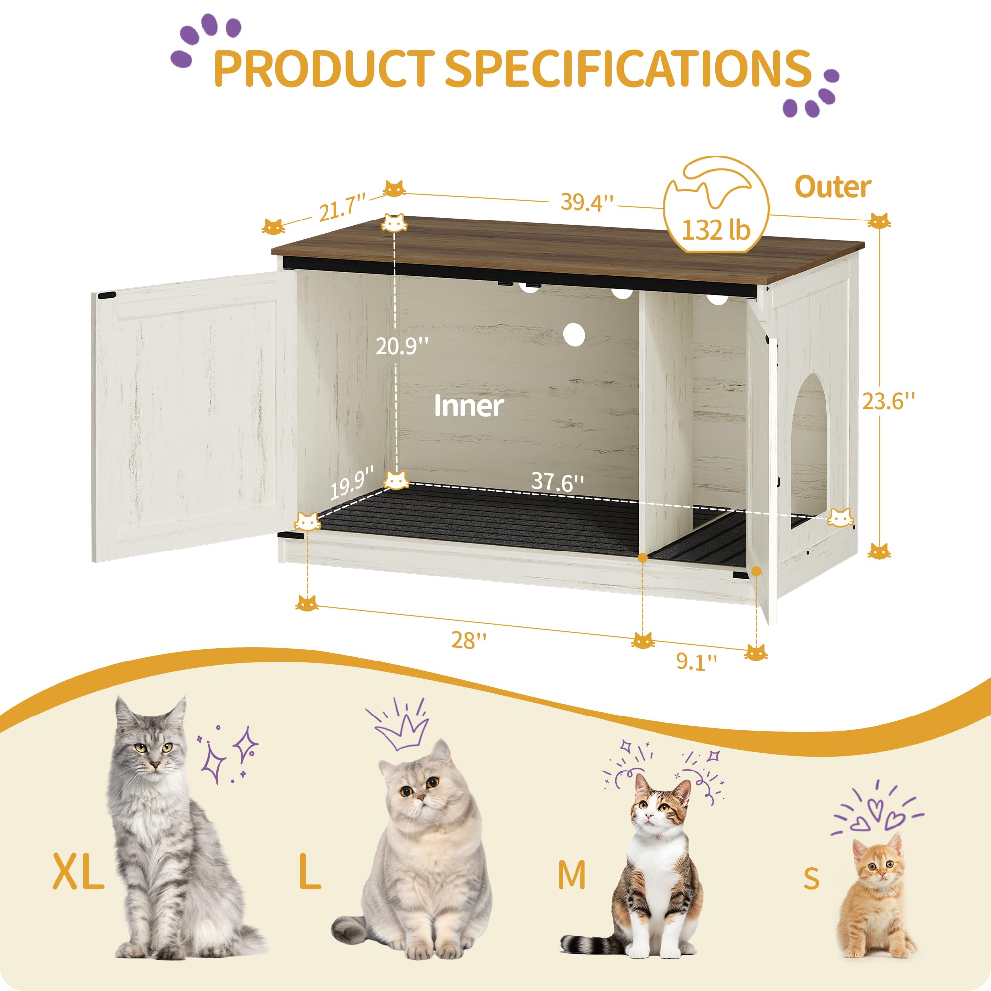 Hzuaneri Cat Litter Box Enclosure, Hidden Litter Box Furniture With Removable Dividers, Reversible Entrance Left Or Right Side,C
