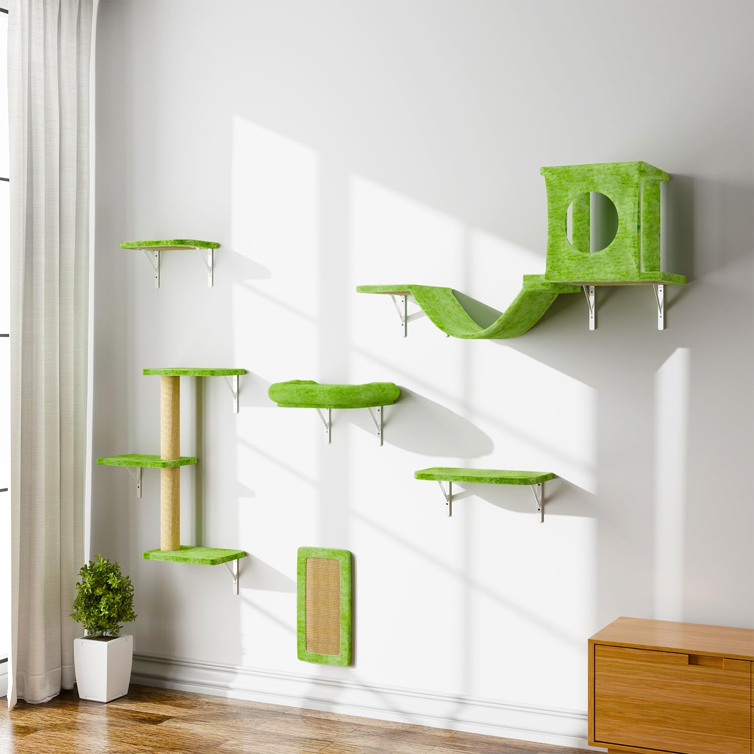Nunu Lab Cat Wall Shelves, 6 Pcs Luxury Wall-Mounted Cat Climber Set, Indoor Cat Furniture With 1 Condos House, 2 Cat Wall Shelv