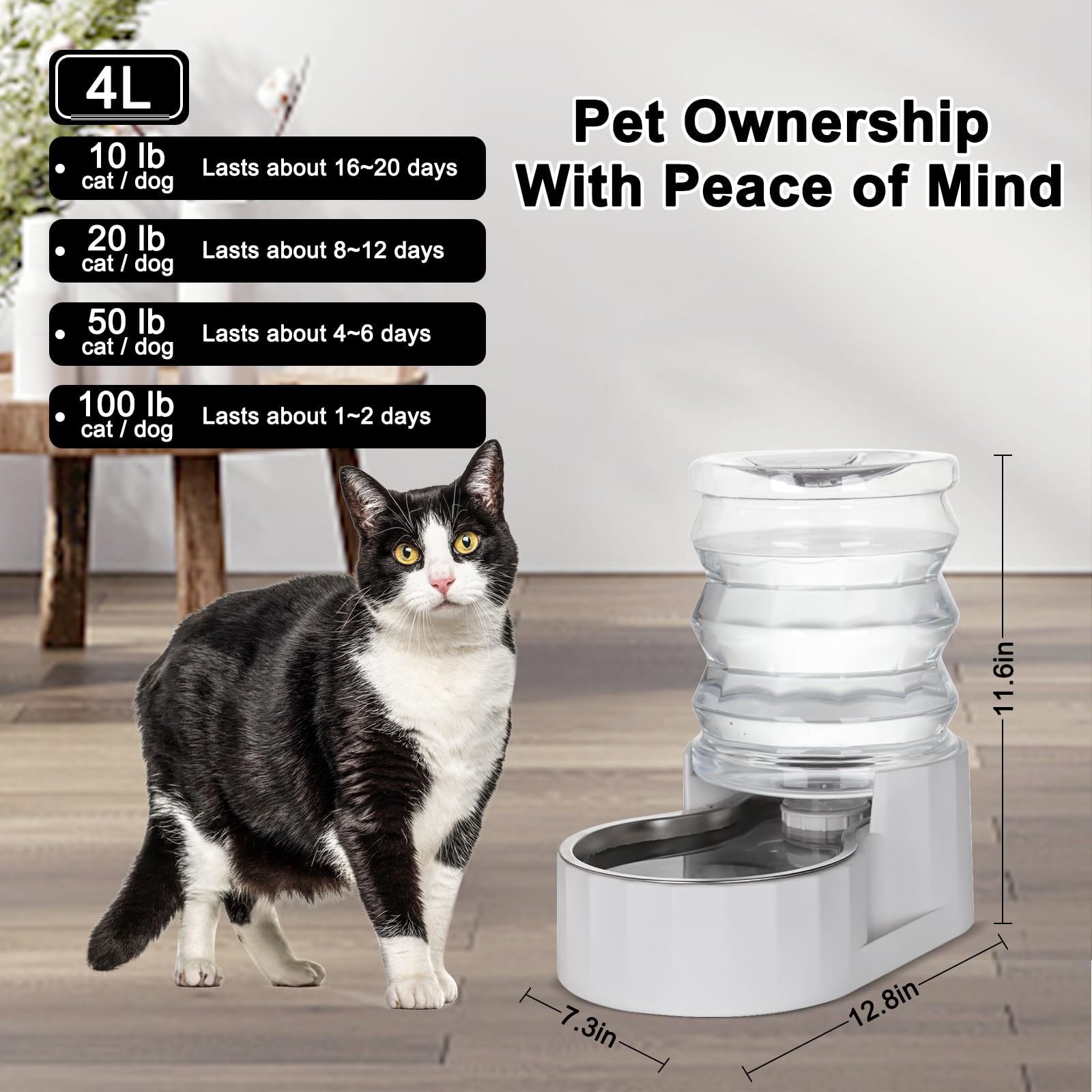 RIZZARI Gravity Water Bowl Dispenser: 4L Automatic Stainless Steel Water Feeder Without Filter - White Pet Waterer for Senior Do