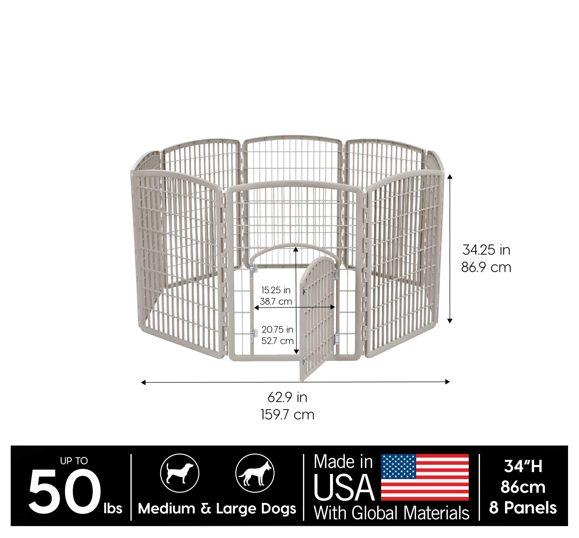 IRIS USA 34" 8-Panel Chrome Dog Playpen with Door, Indoor/Outdoor, Foldable, Durable Plastic, Model 301685