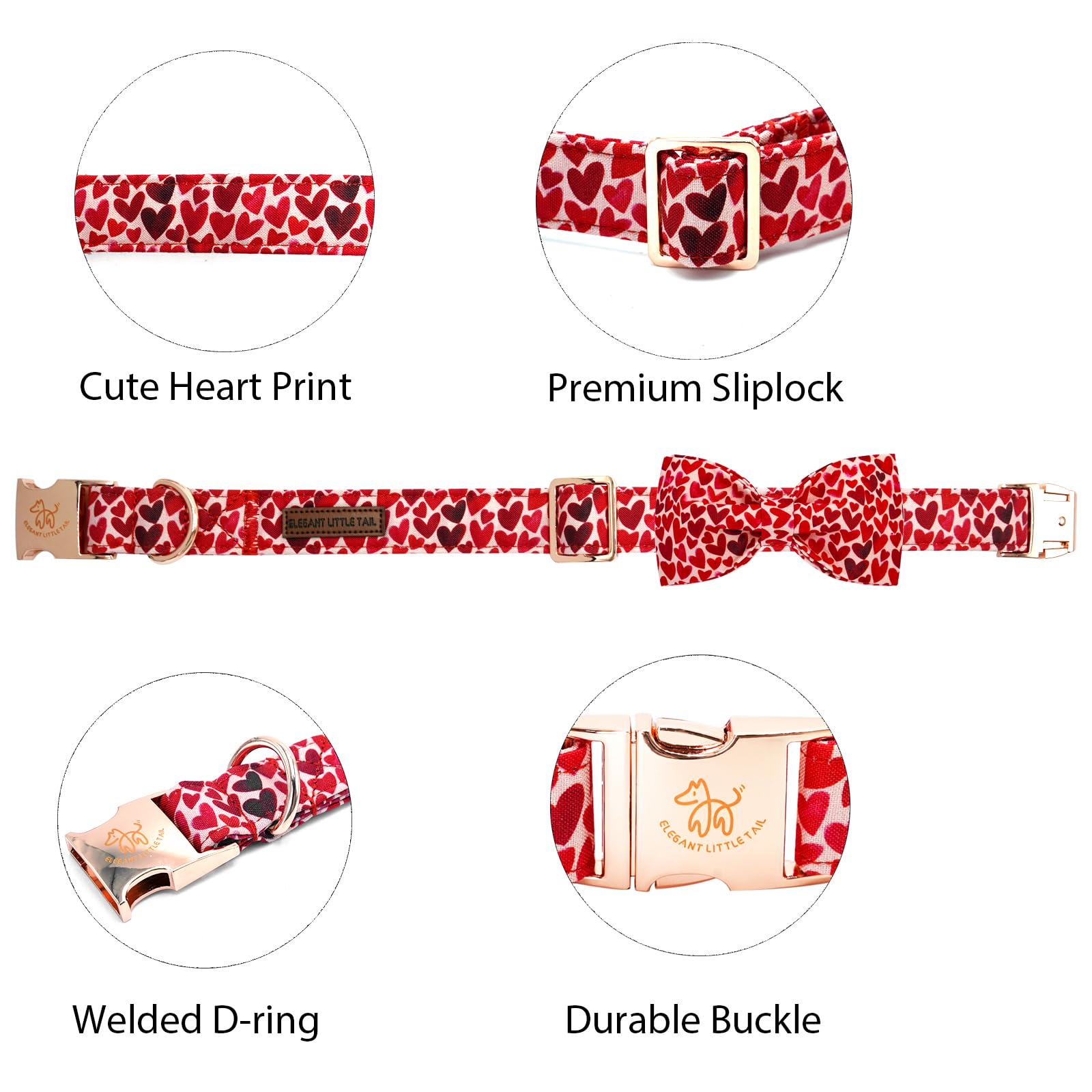 Elegant little tail Valentine's Dog Collar, Cute Red Heart Dog Collar with Bow for Small Dogs, Female or Male Adjustable Cotton
