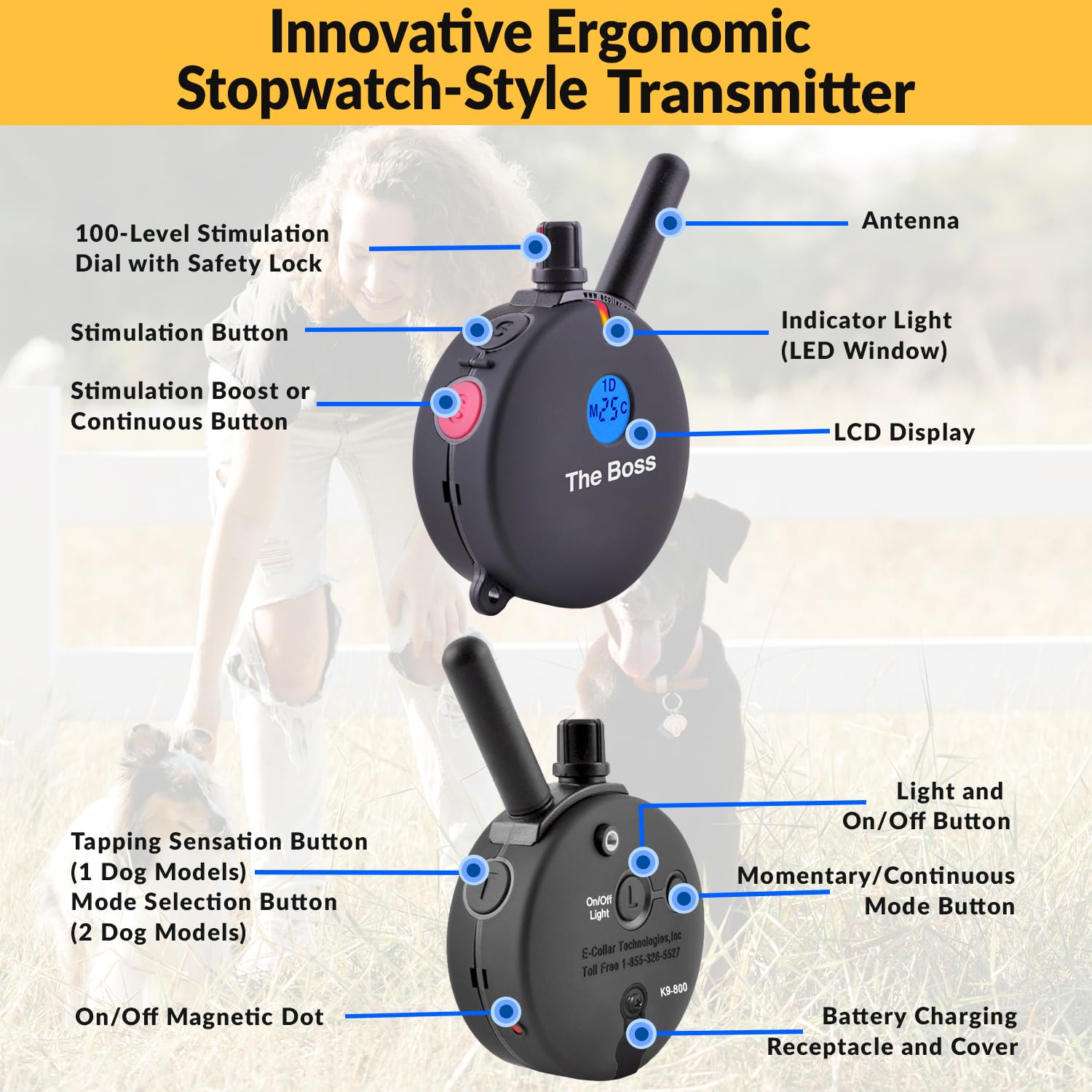 Educator E-Collar Humane Dog Training Collar With Remote, Features 100 Levels Of Safe Stimulation, Tapping Sensation, Night Light, Waterproof, Rechargeable, 1 Mile 1 Dog, Black