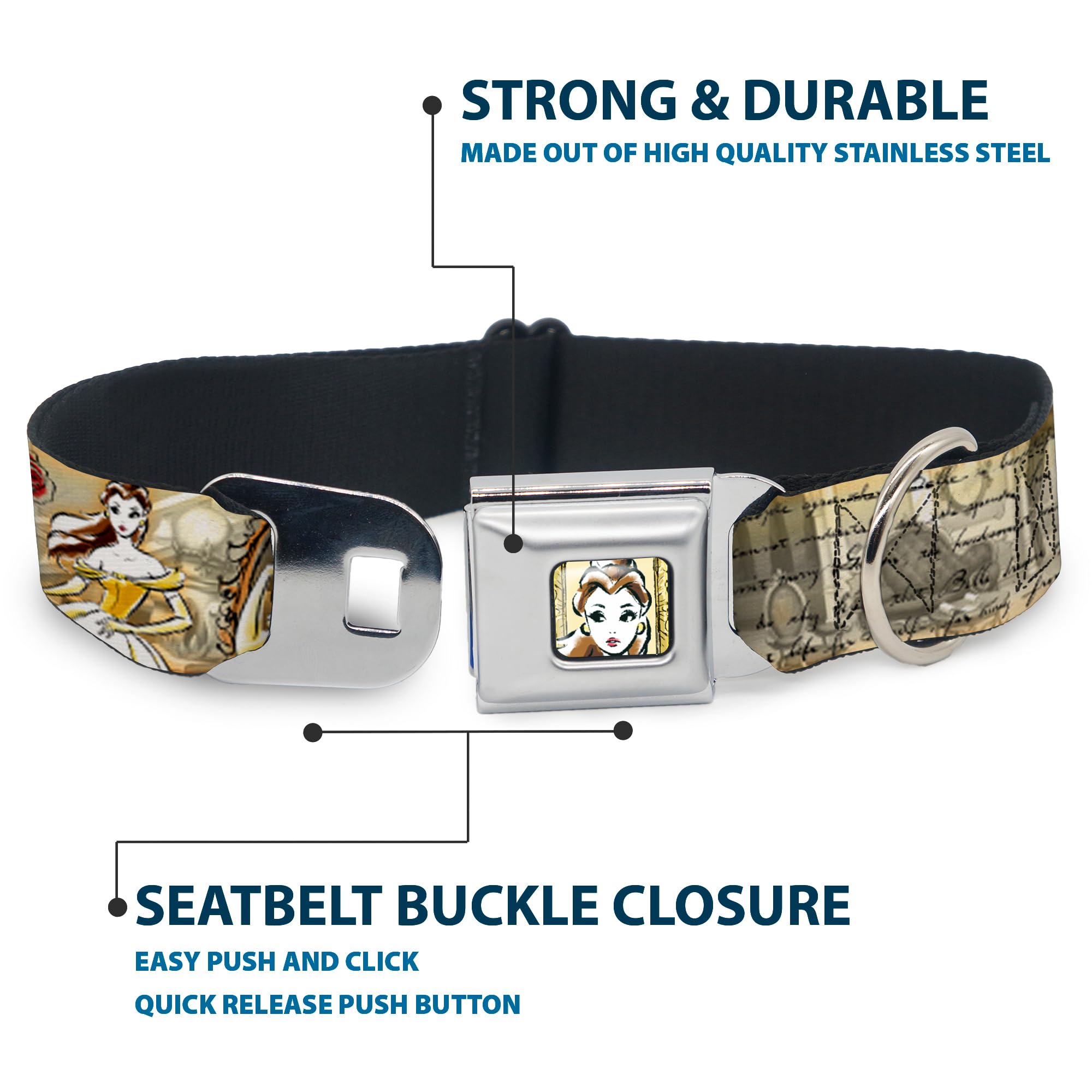 Buckle-Down Seatbelt Buckle Dog Collar - Belle Sketch Poses/Story Script - 1'' Wide - Fits 11-17'' Neck - Medium