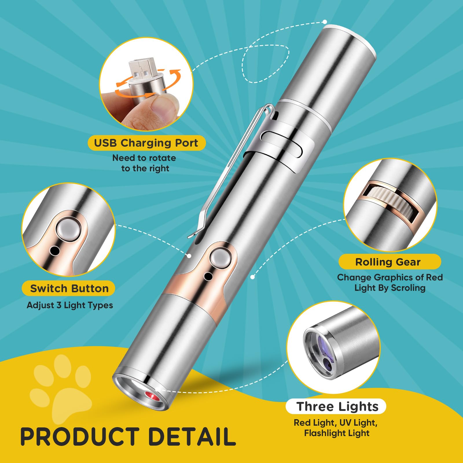 Koackl Cat Toy Pointer For Indoor, Usb Rechargeable Cat Toy, 3 Light Colors Cat Interactive Toys For Dogs, Cats, Pet Chase Toy F