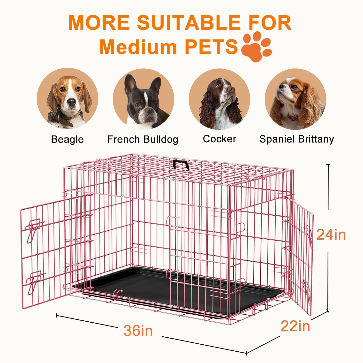 FDW Dog Crate 36inch Dog Cage Foldable Metal Kennel with Leakproof Tray Foldable Design Indoor Outdoor Use for Medium Dogs,Pink