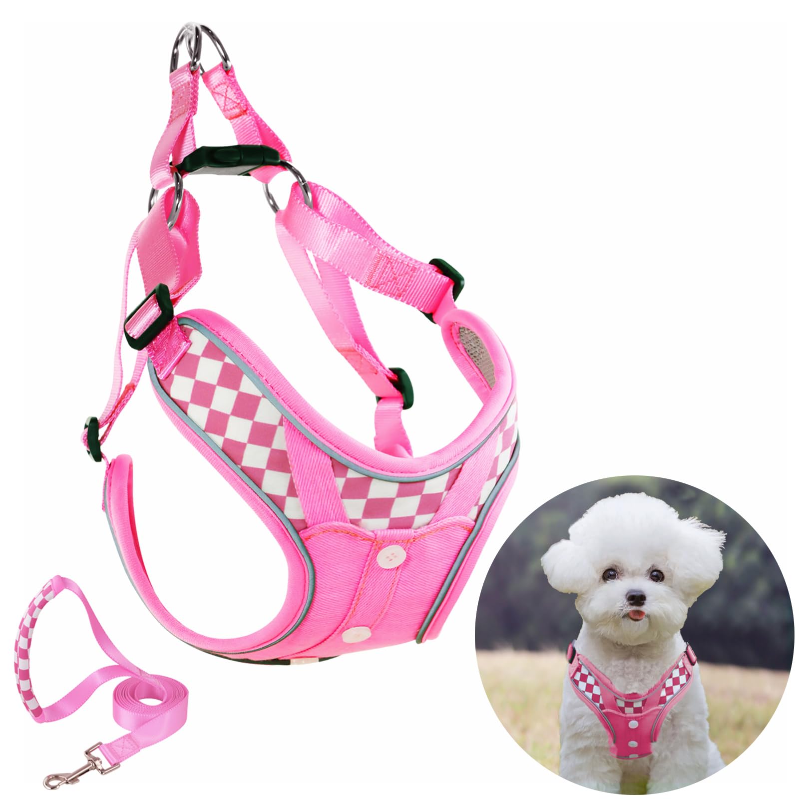 Denim French Bulldog Harness with Leash Set, with Breathable Padded Puppy Harness for Small Dogs Training and Walking (XS Pink)