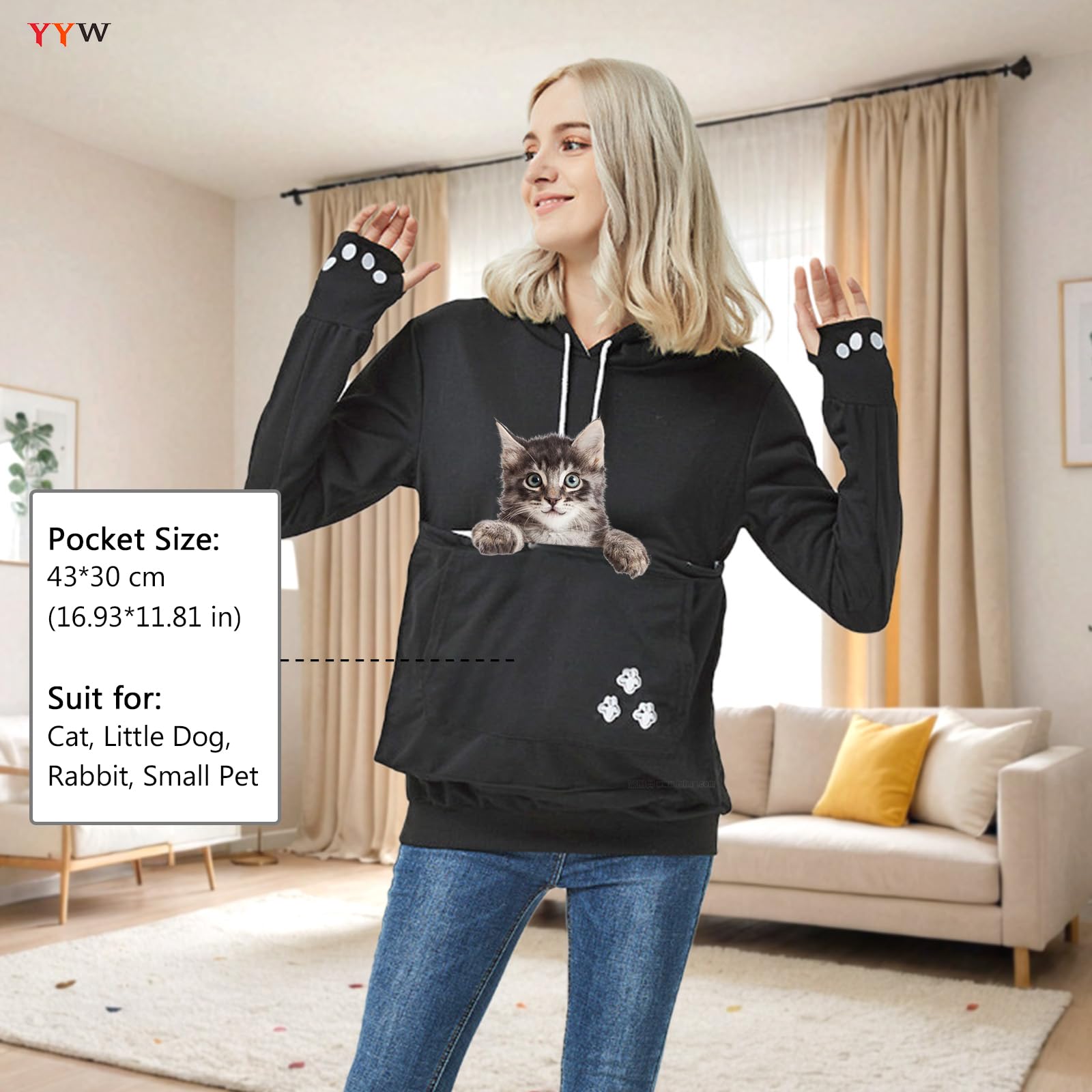 Yyw Womens Pet Hoodies Pullover Sweatshirt Oversized Cat Hoodies Pet Holder Cat Dog Pouch Carriers (Black,Medium)