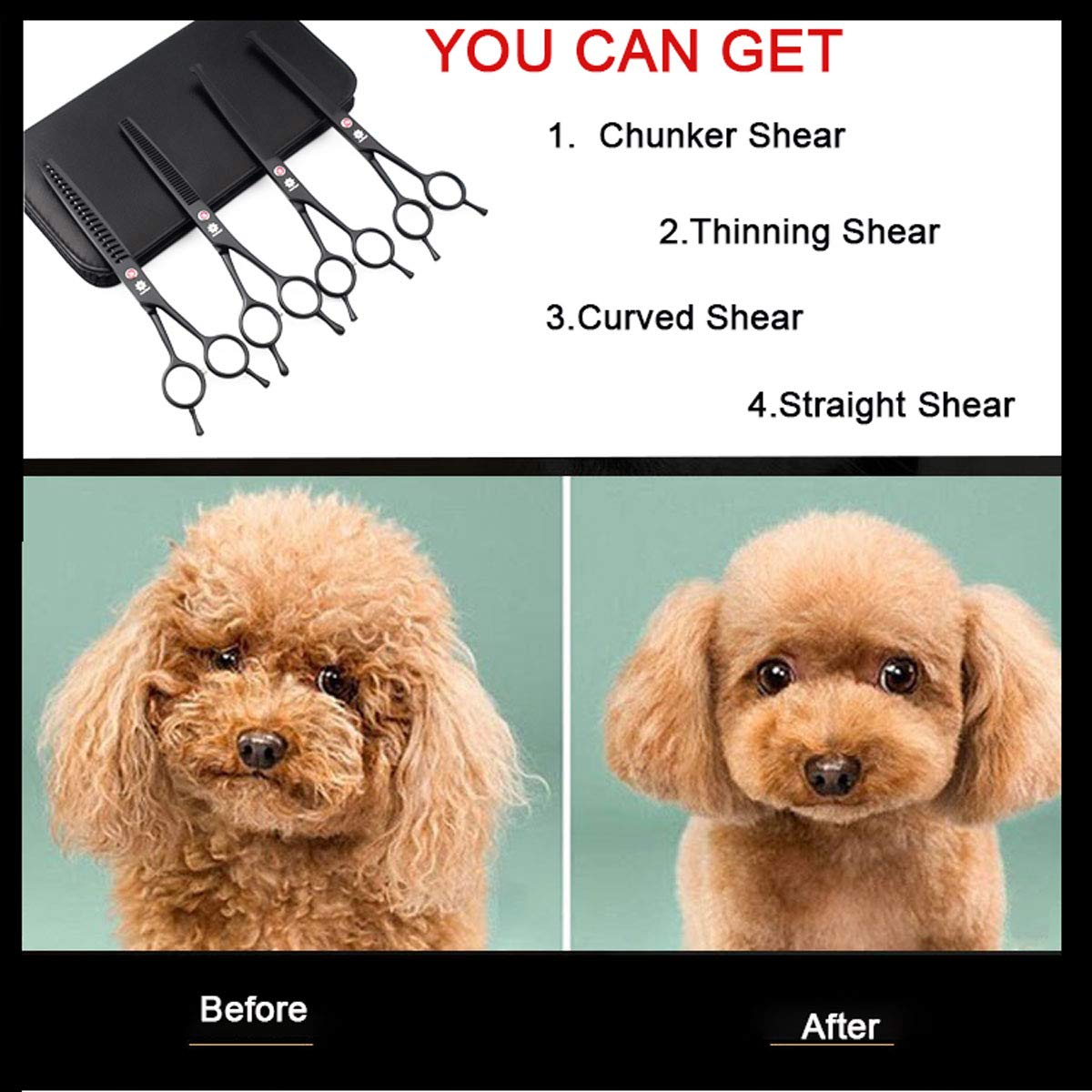 Dream Reach 7.0 Inches Professional Pet Cat Dog Grooming Shears Scissors, Straight, Curved, Thinning/Blending/Chunking Scissors Kit (4-Set Blunt Tip)