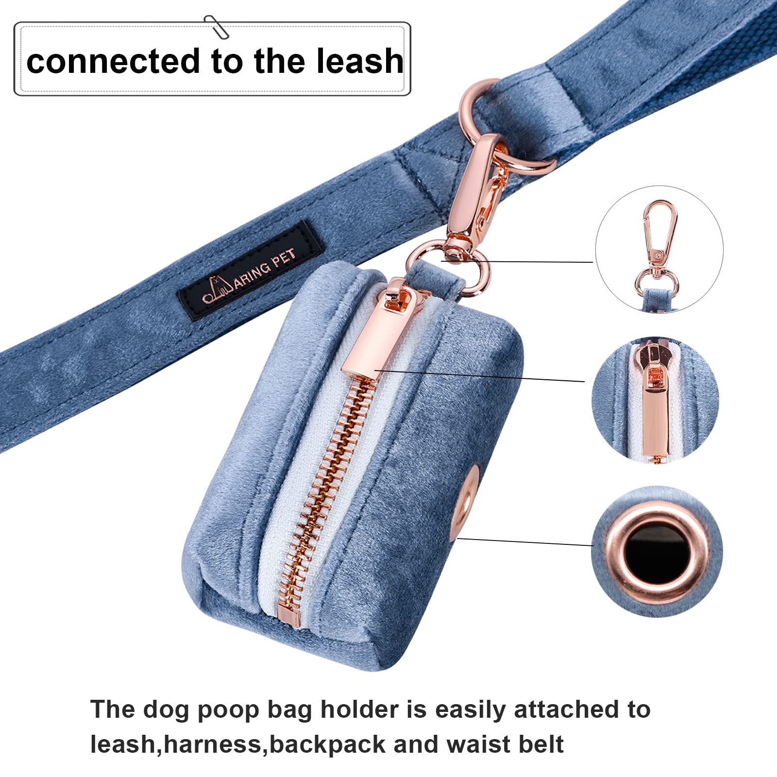 Aring Pet Velvet Dog Waste Bag Dispenser, Cute Blue Doggy Poop Bags Holders Attach To Any Leashes, Portable Washable Pet Waste P