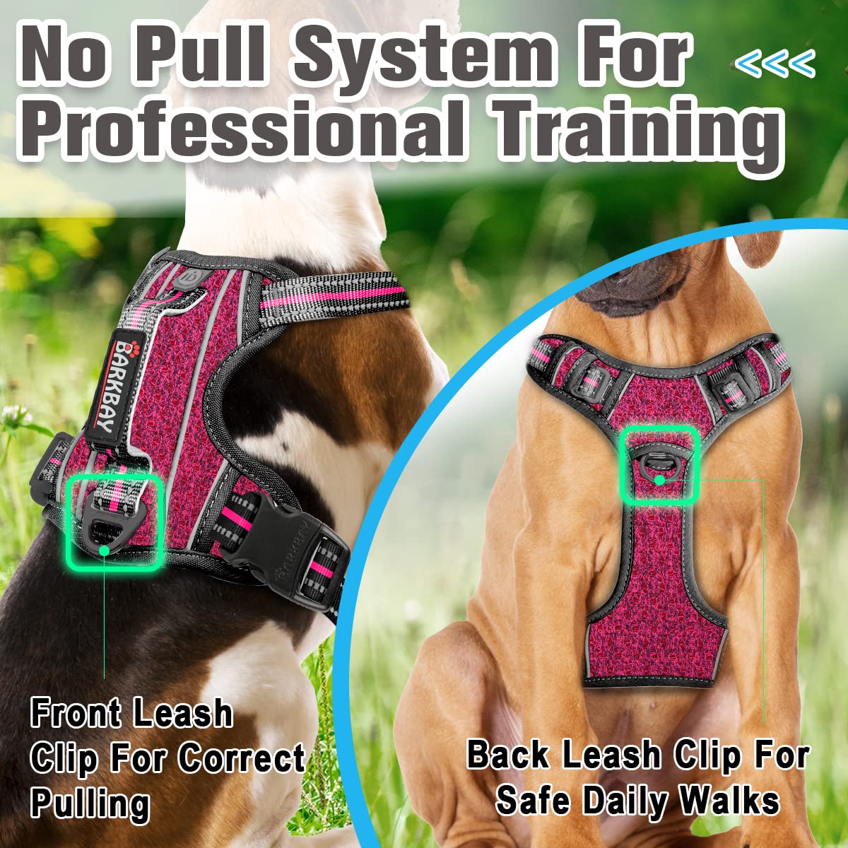 Barkbay No Pull Dog Harness Front Clip Heavy Duty Reflective Easy Control Handle For Large Dog Walking With Id Tag Pocket(Pink/Black,Xl)