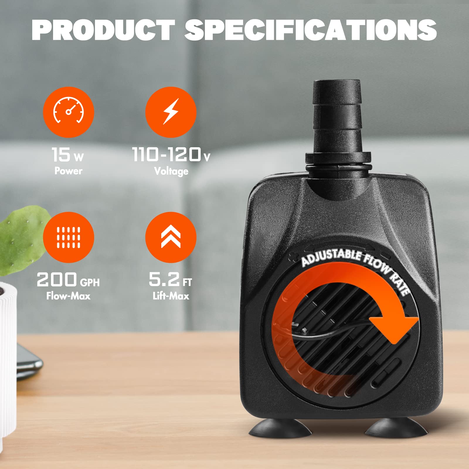 Simple Deluxe 200 GPH 15W Submersible Water Pump Power Head with Adjustable Intake for Fish Tank, Hydroponics, Fountains, Aquari