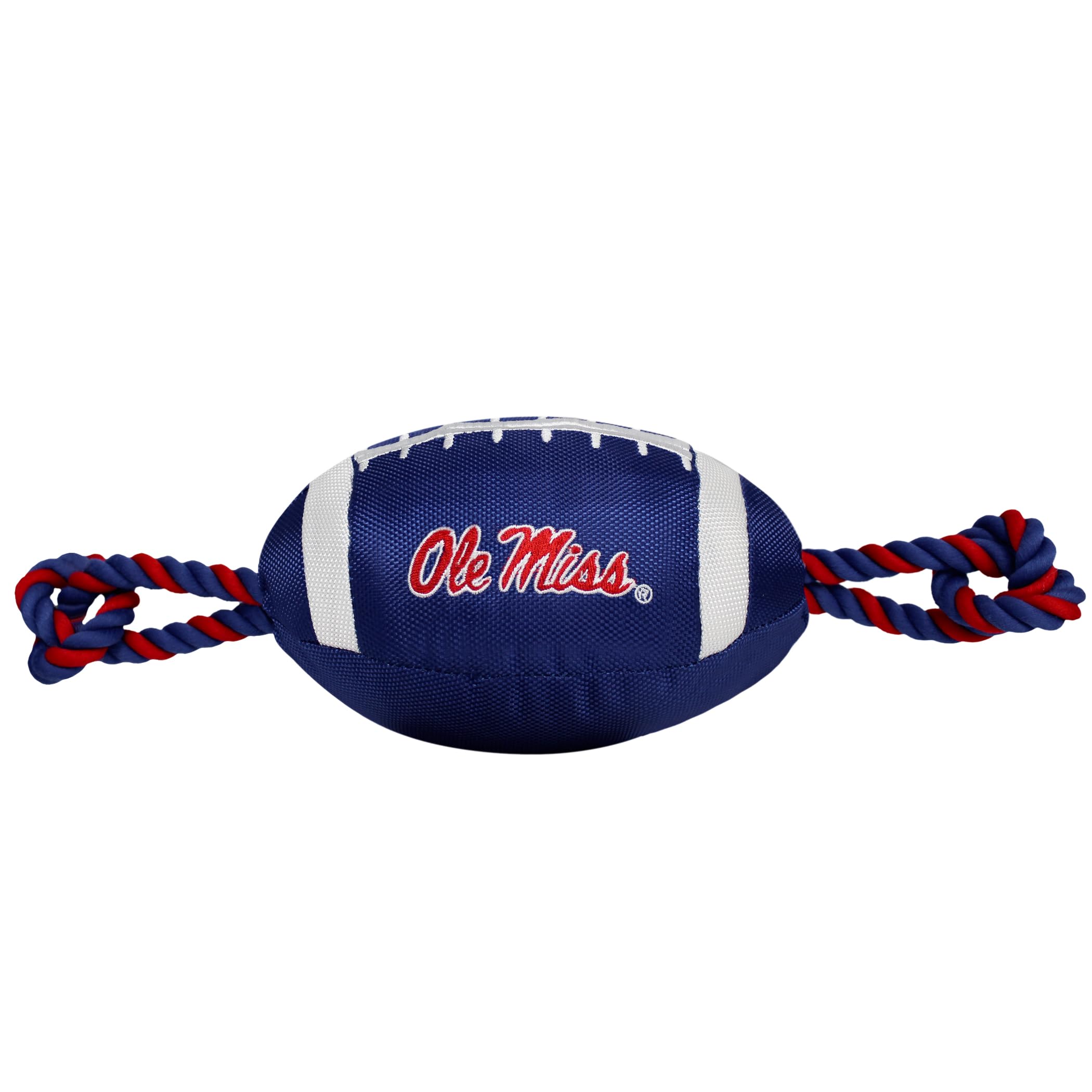 Pets First OLE Miss Football Dog Toy, Tough Quality Nylon Materials, Strong Pull Ropes, Inner Squeaker, Collegiate Team Color