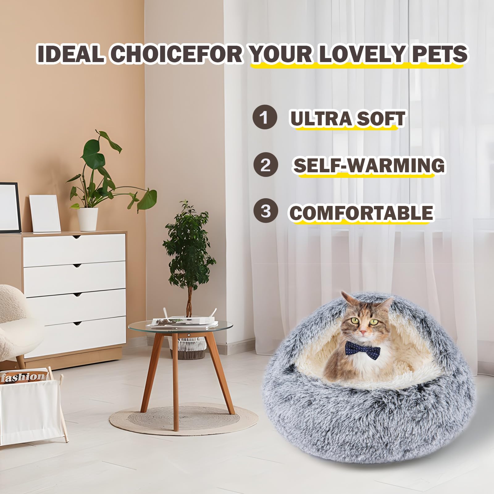 Beleewilwon Cat Bed For Indoor Cats, Calming Cozy Cave With Self-Warming Plush, Entire Bed Machine Washable & Anti-Slip Base, Br