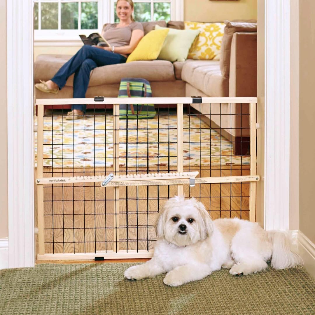 Mypet North States Wire Mesh Dog Gate: 26.5-42' Wide. Pressure Mount. No Tools Needed. Dog Gate 23' Tall, Expandable, Durable Dog Gates For Doorways, Sustainable Hardwood
