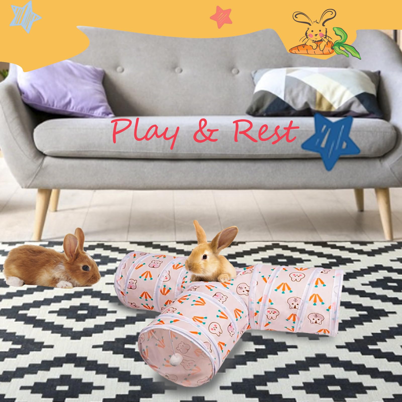 Mechpia Rabbit Toys, Bunny Tunnel & Tubes with Chew Toys for Grinding Teeth Apple Sticks Bamboo Carrot Loofah and Grass Ball for