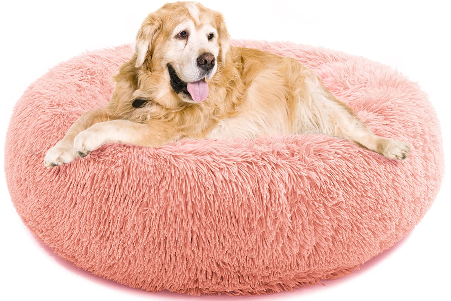 Calming Dog Bed For Large Dogs, Anti Anxiety Donut Dog Bed, Round Dog Bed, Plush Faux Fur Dog Bed, Fluffy Dog Bed, Soft Cozy Pet Bed, Machine Washable, 36X36Inch Pink