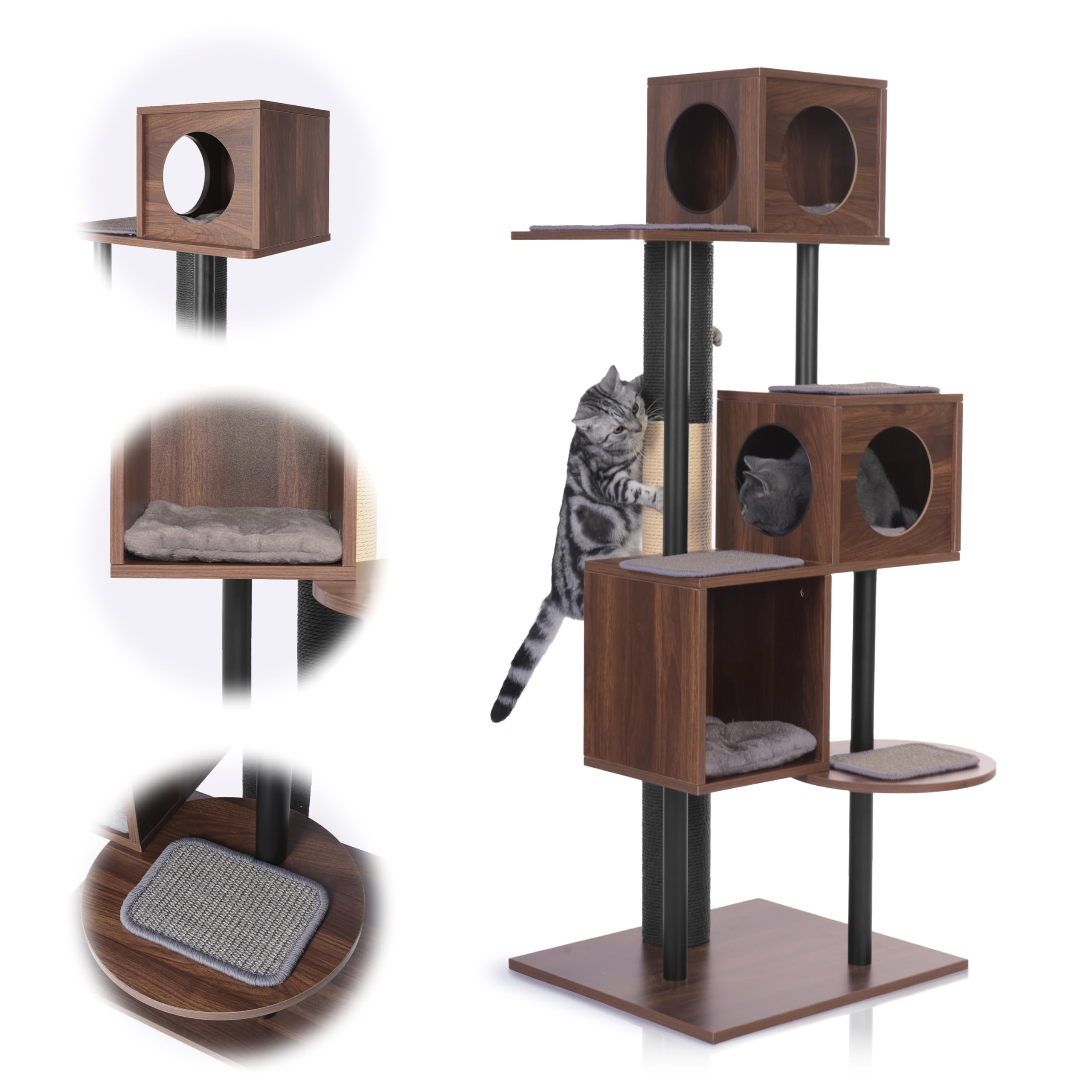 Konelcare Modern Cat Tree-Sleek Wooden Furniture-Style Tower(60'') Blends With Home Decor, Tallest Scratching Post(48''), 3 Cat 