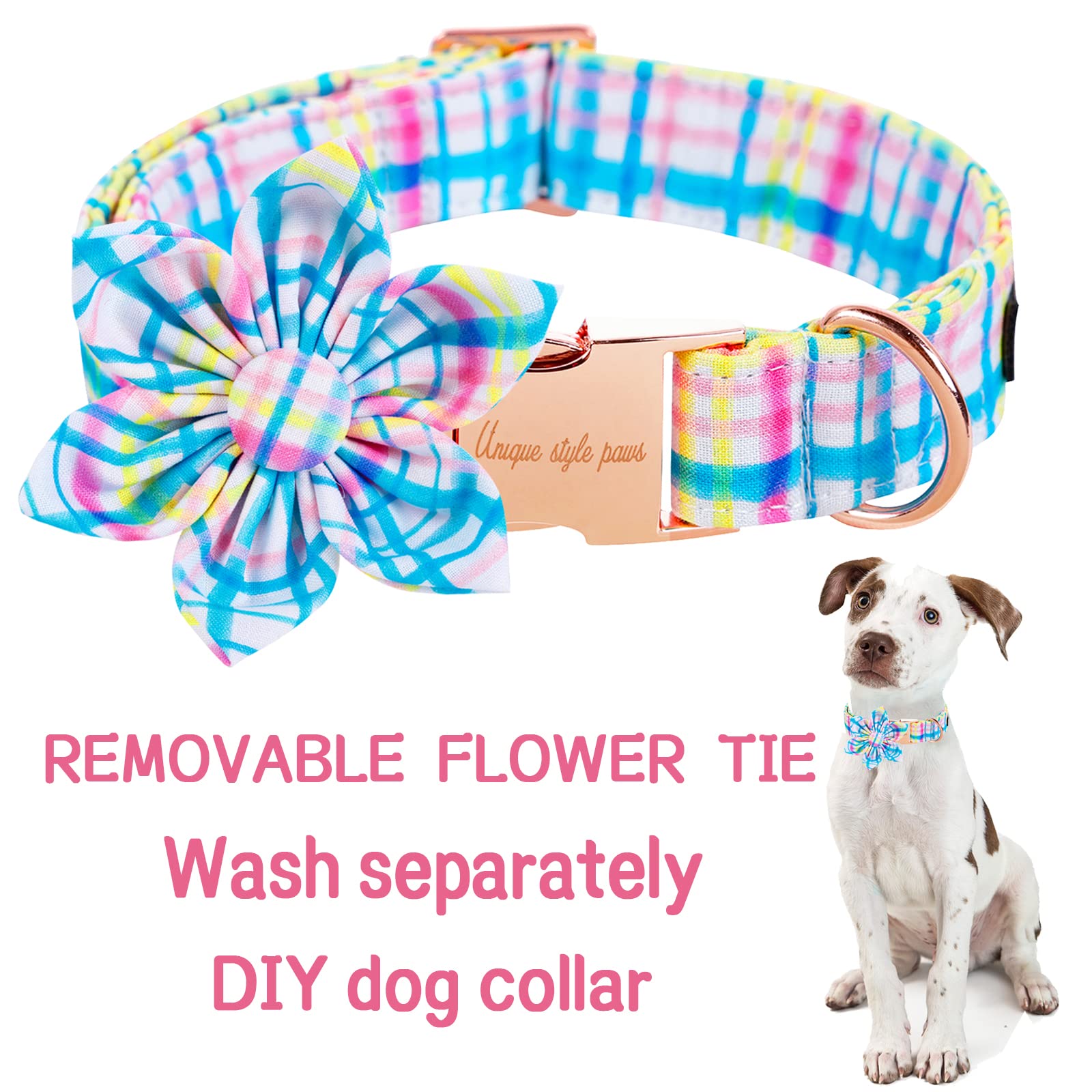 Unique Style Paws Easter Day Dog Collar With Flower Tie Blue Pink Grid Puppy Collar For Small Medium Large Boys Girls-Xl