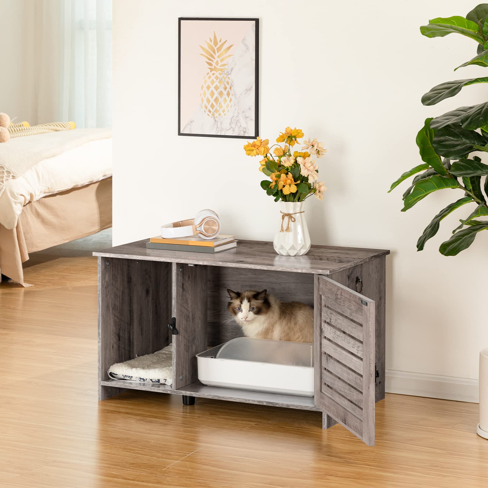 Hoobro Cat Litter Box Enclosure, Hidden Cat Litter Box Furniture With Louvered Door, Spacious Hidden Cat Washroom With Divider,
