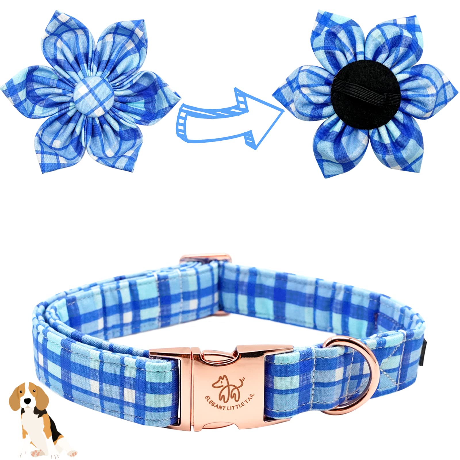 Elegant little tail Dog Collar with Flower - Blue Plaid Dog Collar Cute Flower Collar Adjustable Dog Collar for X-Large Dog