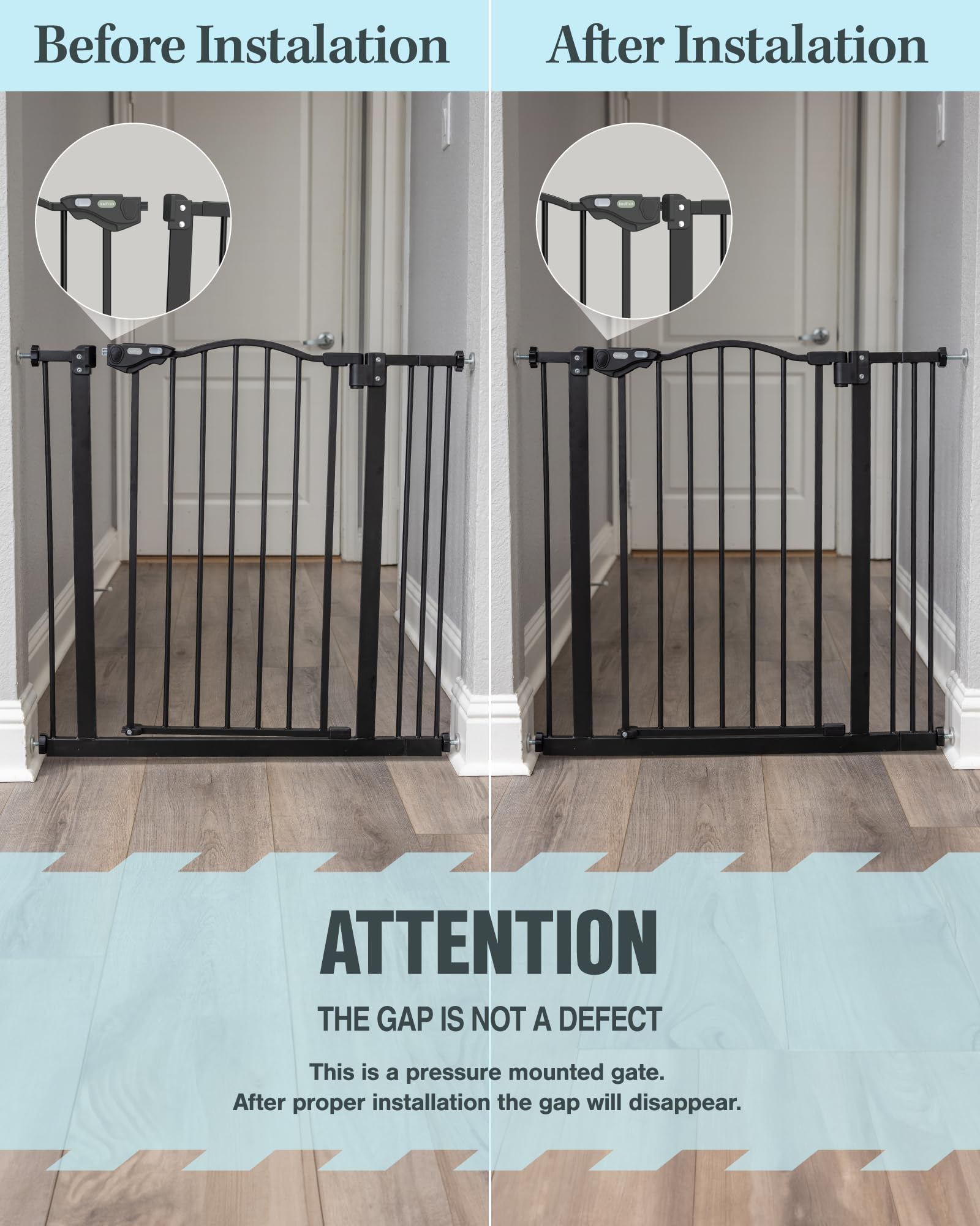 Innotruth 29-39.6” Baby Gate For Stairs & Doorways, 30' Tall Pressure Mount Pet Gates, Easy Step Auto Close Both Sides Walk Thru Child Gate, Dual-Lock Safety Design And One-Hand Operation, Black