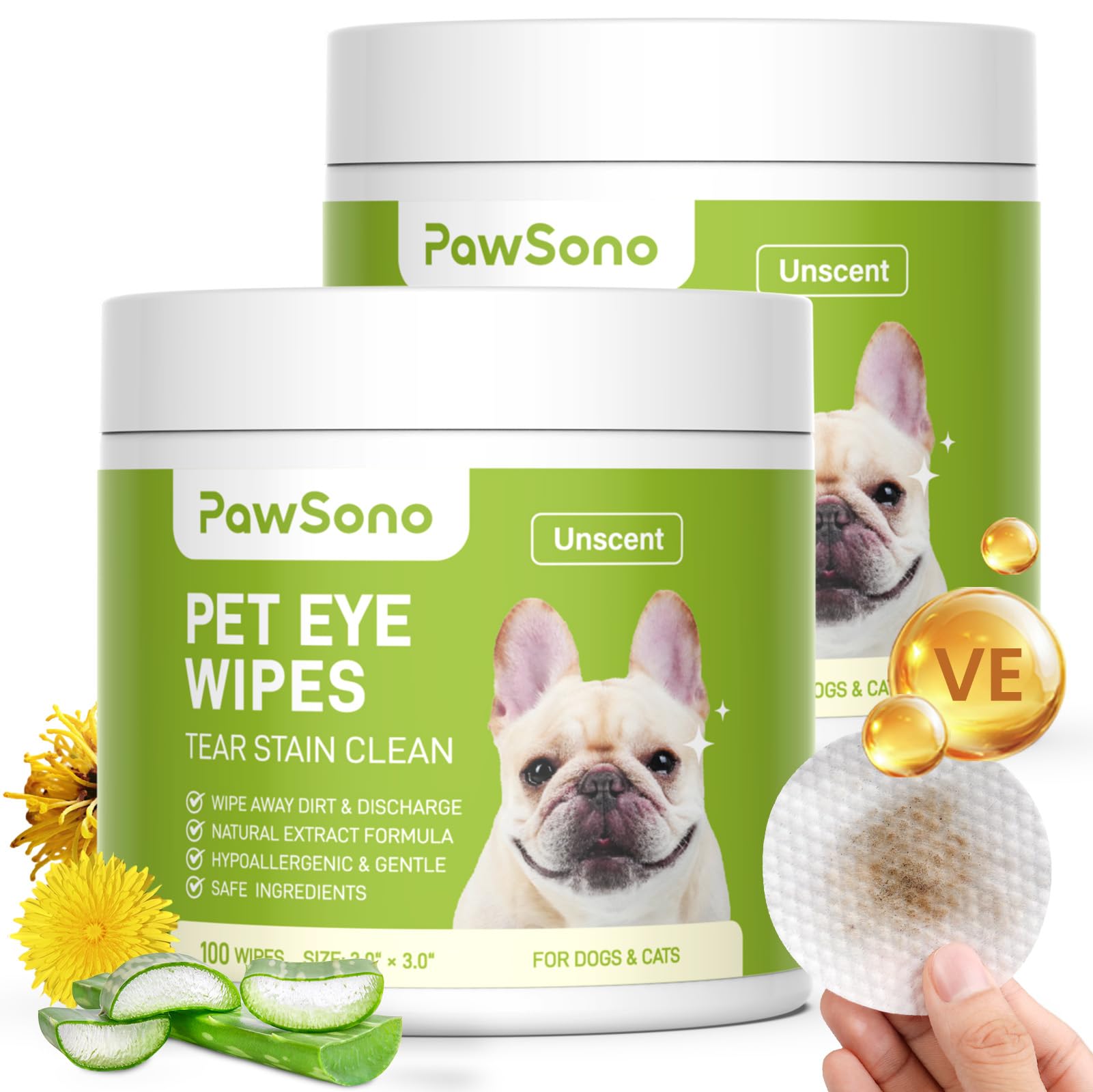 PawSono Eye Wipes for Dogs & Cats, Hypoallergenic Dog Eye Wipes Cleaner, Soothing Cleaning Grooming Pet Wipes Gently Remove Tear