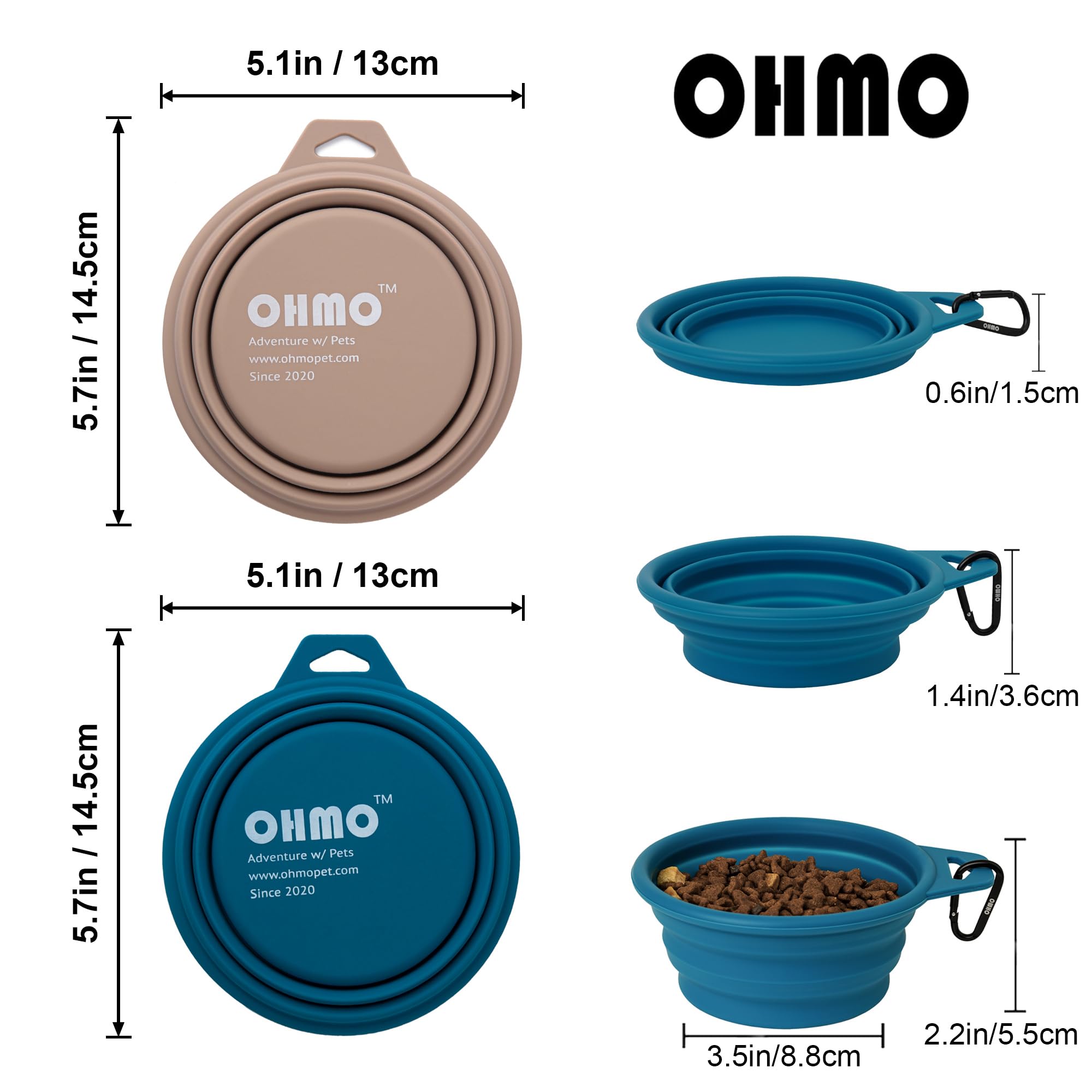 Ohmo Collapsible Dog Bowl(2 Pack, 12Oz/400Ml, Peacock Blue&Beige) Premium Silicone Pet Water Bowls For Cats & Dogs, Portable Dog Travel Bowls Foldable For Outdoor Camping Hiking