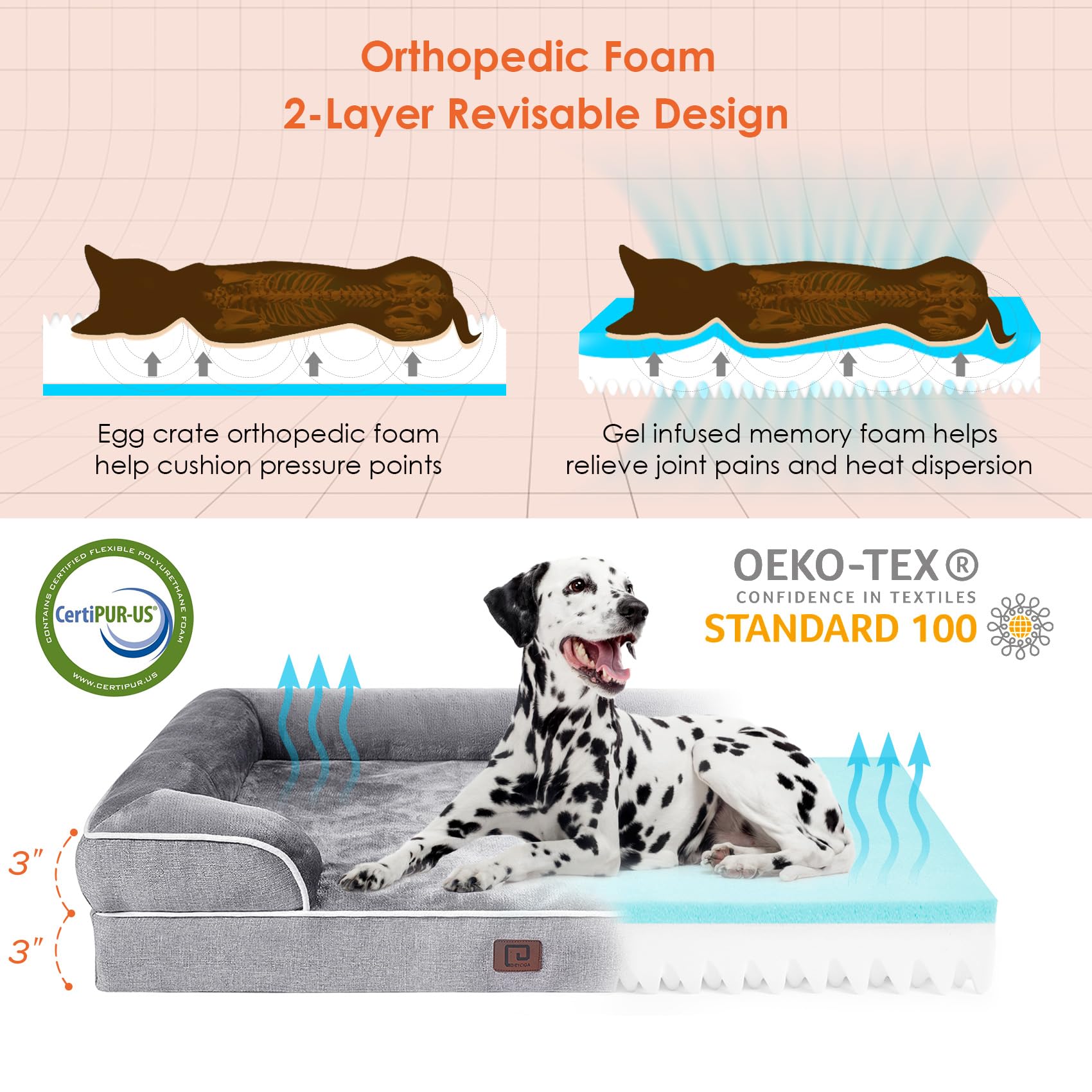 Eheyciga Orthopedic Dog Bed For Medium Dogs, Waterproof Memory Foam Medium Dog Beds With Sides, Non-Slip Bottom And Egg-Crate Foam Medium Dog Couch Bed With Washable Removable Cover, Grey