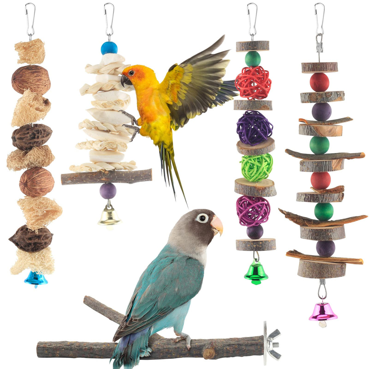 Bissap Bird Chew Toys, 5 Packs Parakeet Natural Wood Toys Parrot Hanging Cage Toy Bird Perch Stand For Small Bird Conure Cockatiel Parrotlet Lovebird Budgie