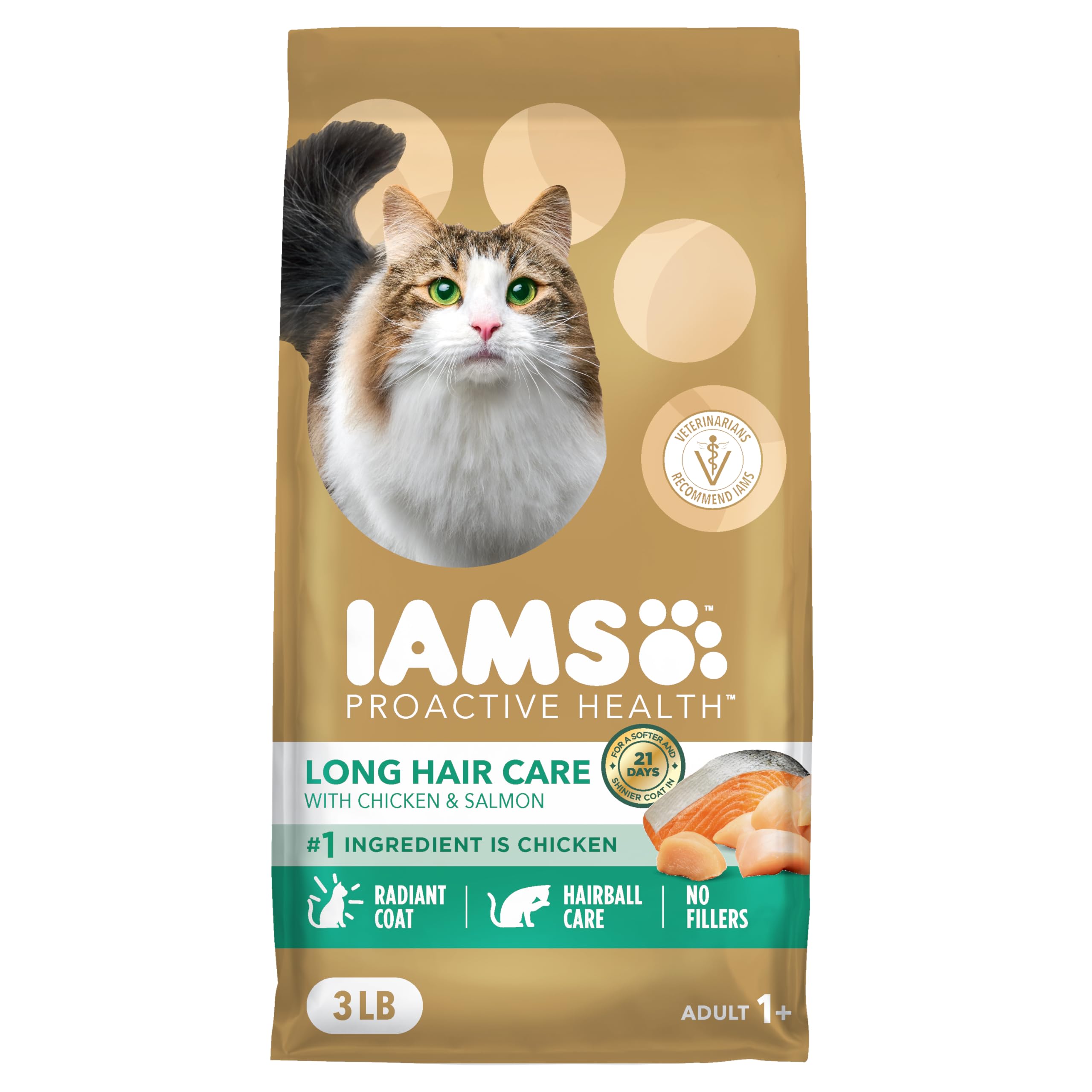 IAMS Proactive Health Long Hair Care Adult Dry Cat Food with Real Chicken & Salmon, 3 lb. Bag