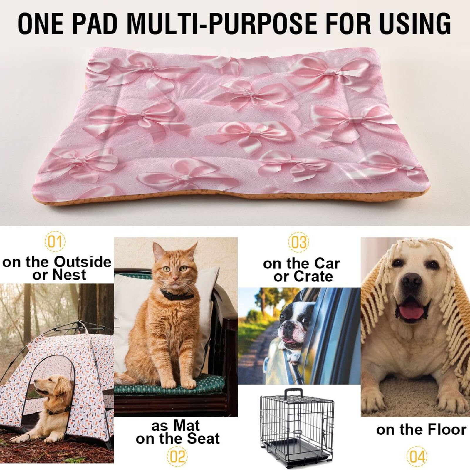 Coikll Pink Bows Pet Bed Pad Soft Dog Bed Mat With Anti-Slip Bottom, Machine Washable Crate Pad Mattress For Dog Sleeping- 36 *