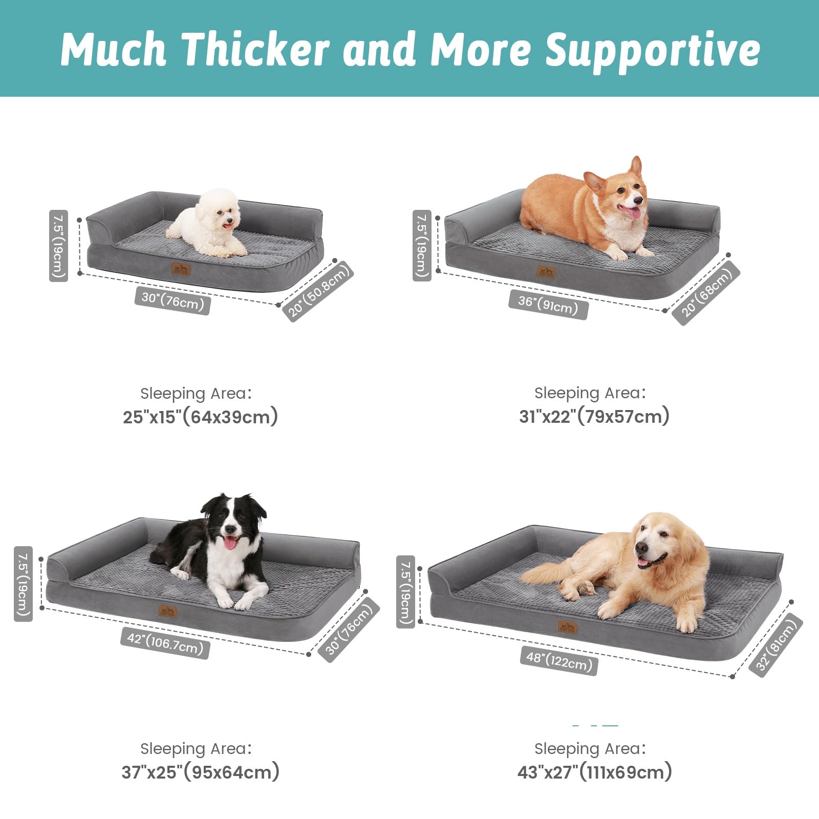 COZY KISS Orthopedic Dog Bed, Large Foam Bolster Sofa, Waterproof, Anti-Slip, 42x30x7.5 in, Grey
