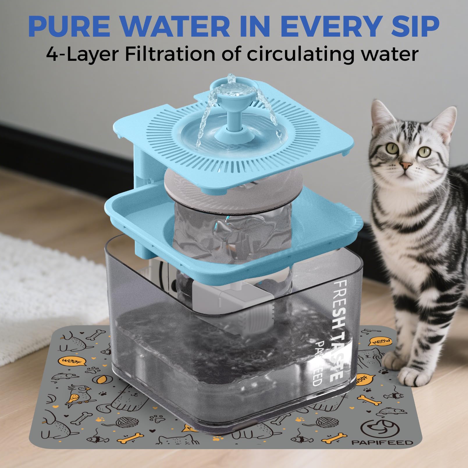 PAPIFEED Wireless Cat Water Fountain, 106oz/3L Battery Operated Pet Water Fountain Cordless for Cats Indoor, Automatic Cat Drink