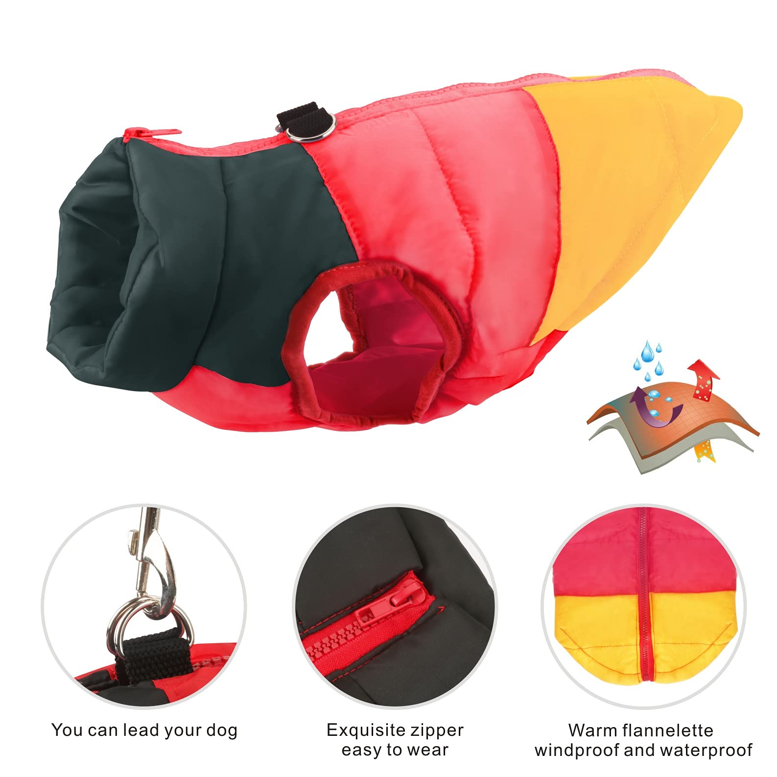 Idepet Pet Dog Cat Coat With Leash Anchor Color Patchwork Padded Puppy Vest Jacket Teddy Chihuahua Costumes Pug Cloth Xs S M L (Medium (Pack Of 1), Yellow)