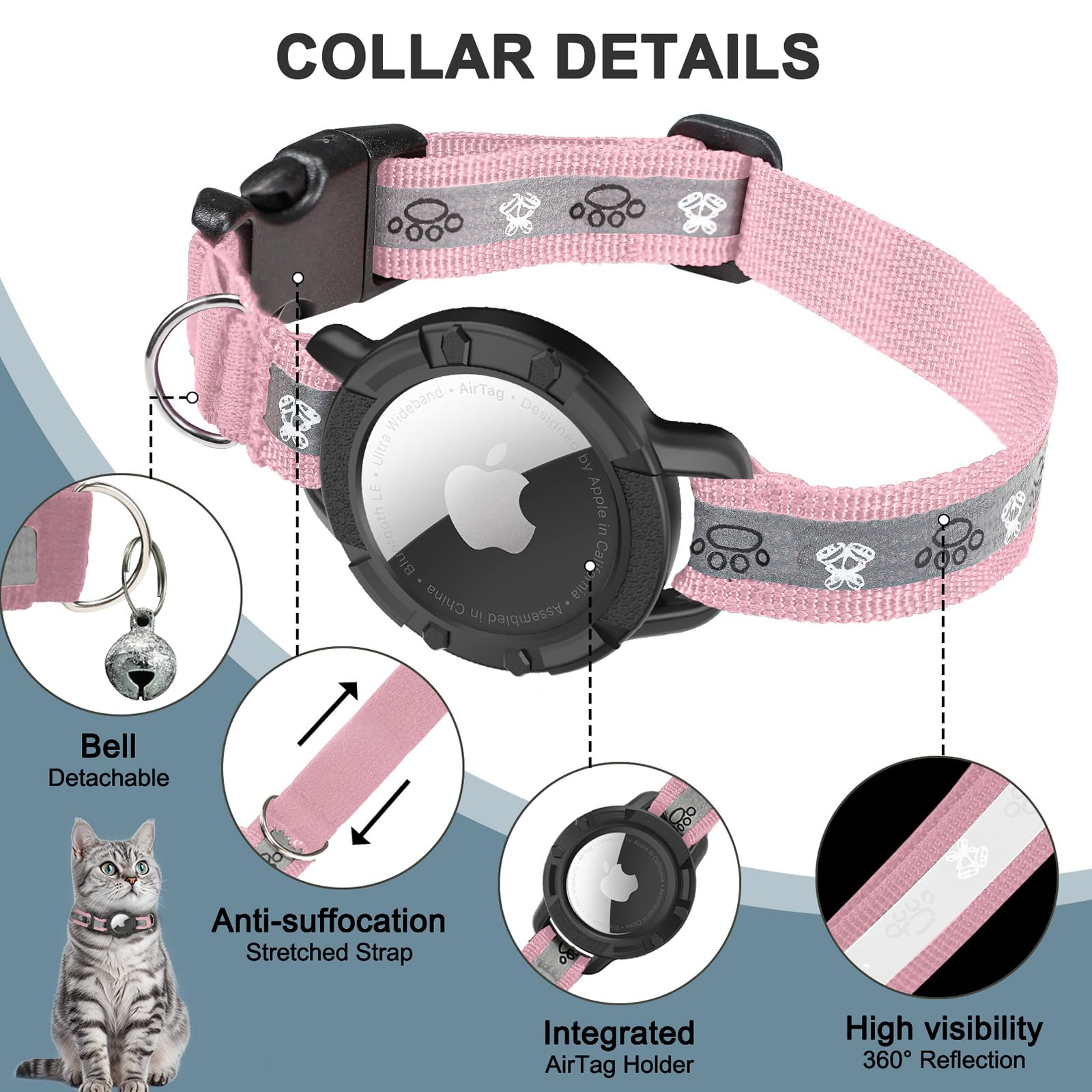 Reflective Airtag Cat Collar, Integrated Cat Tracker Collar With Air Tag Holder And Bell, Safety Elastic Band Cat Gps Collars For Girl Boy Cats, Kittens And Puppies (Pink, Xs)