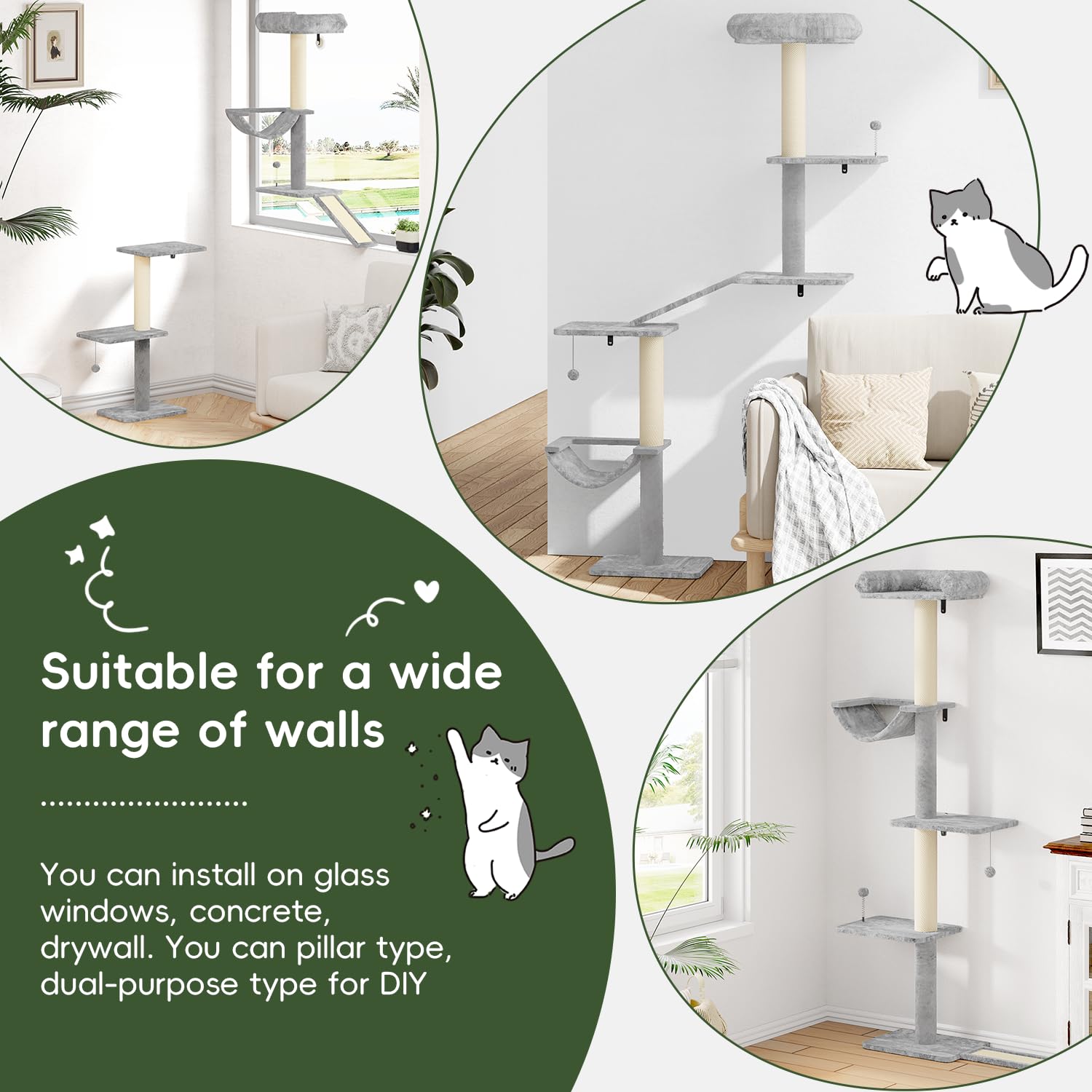 NUNU LAB Wall Mounted Cat Climber Set, Wall Furniture Set, DIY Wall/Window Shelves, Scratching Post, Comfortable Bed, Cat Shelve
