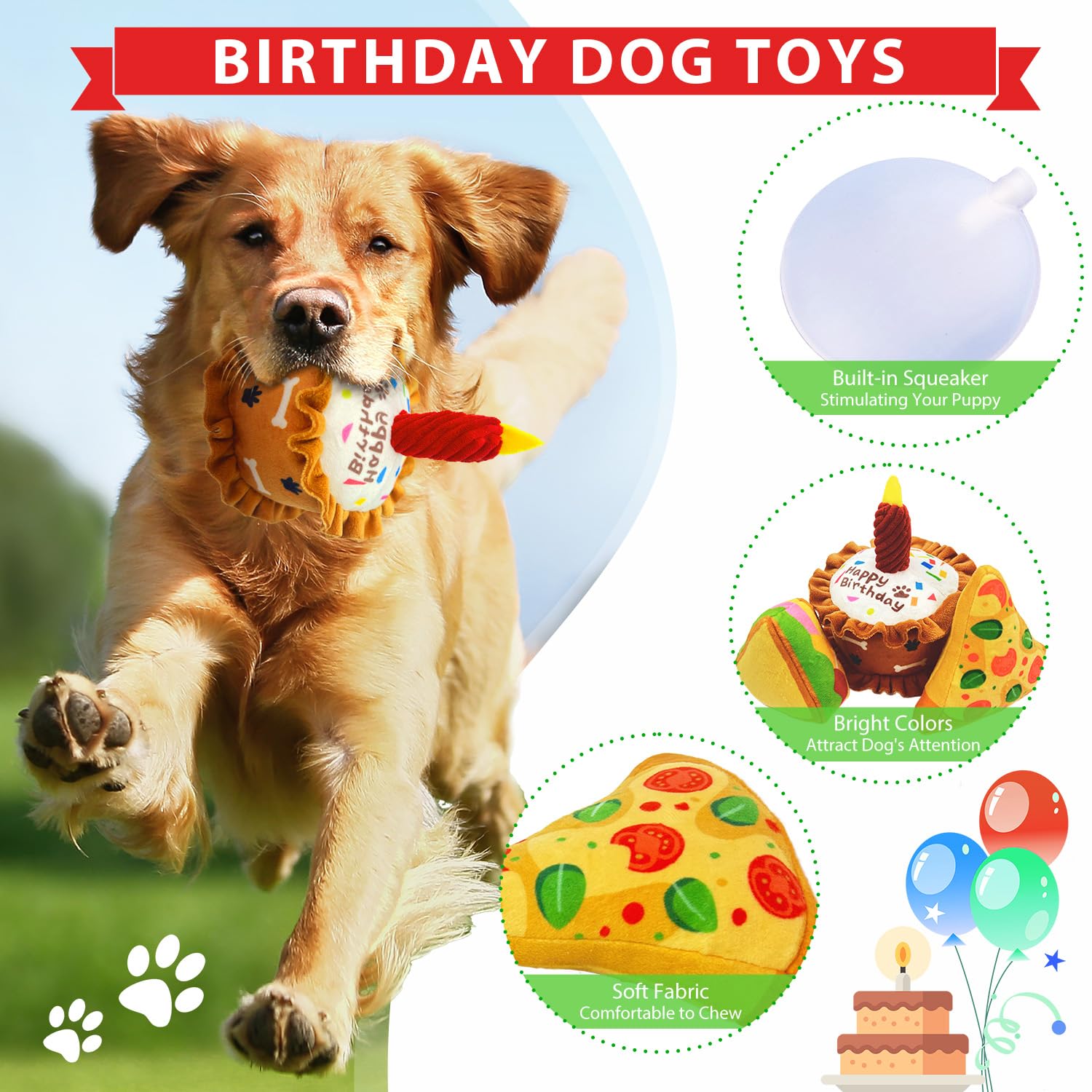 Cneeeeeb Birthday Squeaky Crinkly Cake Aggressive Chew For Pups Sandwiches Pizza Party Dog Toy Colorful Playset To Keep Your Fur