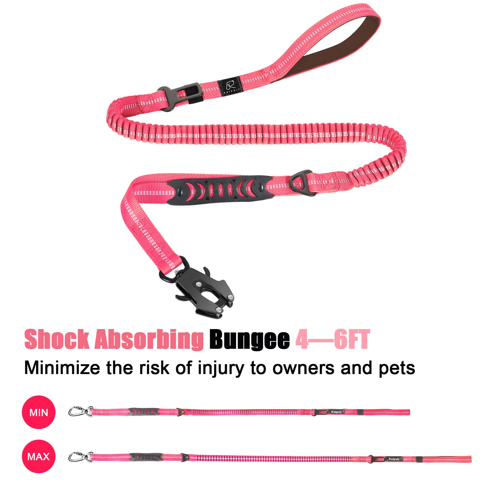 Raipult Tactical Strong Bungee Dog Leash, Pink Shock Absorbing Dog Leash With Traffic&Padded Handles, Military K9 Working Lead W